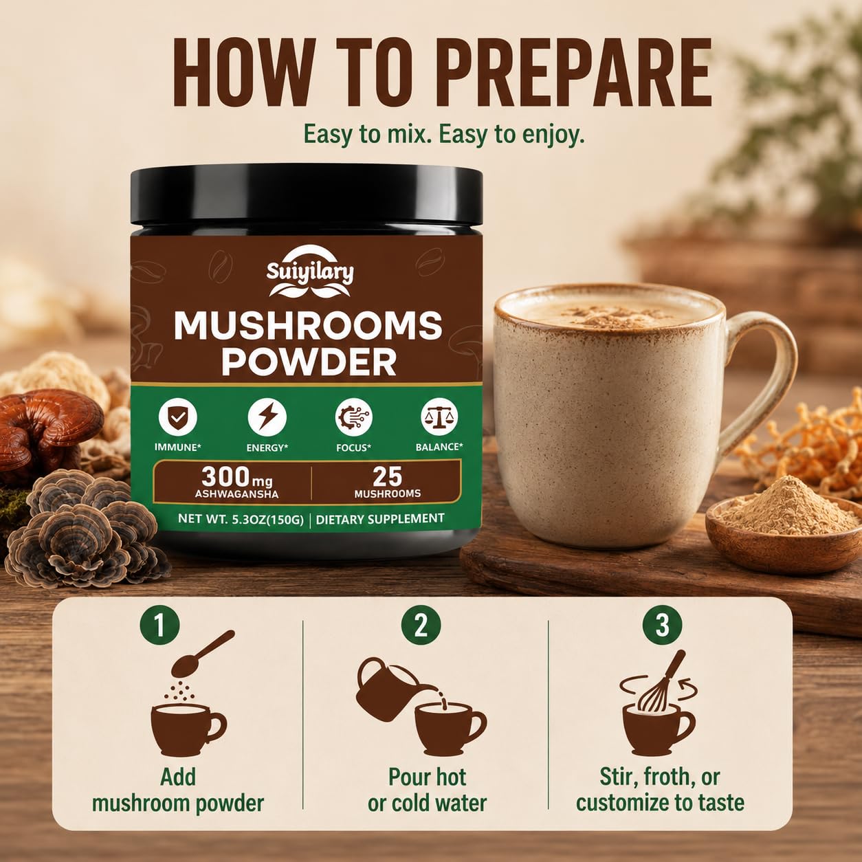 Suiyilary 25 in 1 Mushroom Powder, 5.3 oz