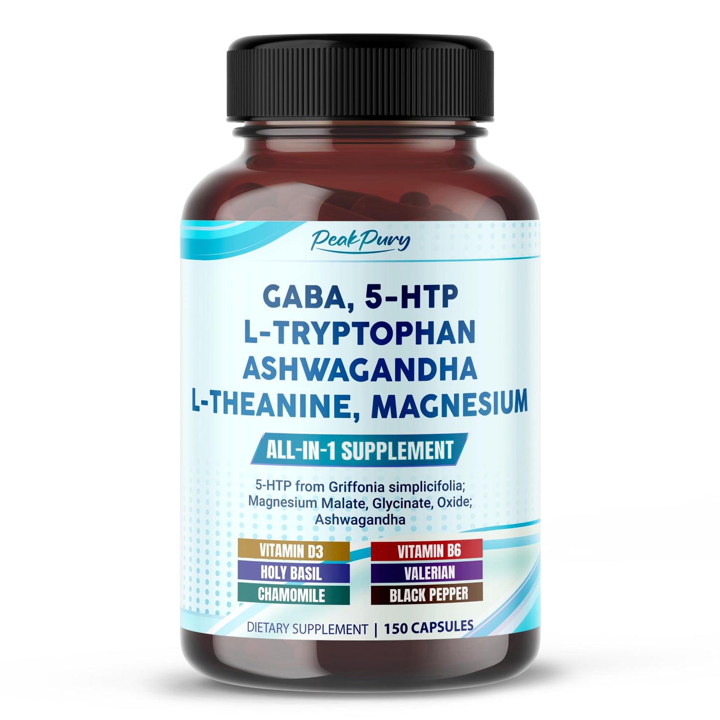 PEAKPURY GABA, 5-HTP L-Tryptophan Ashwagandha Chamomile L-Theanine Magnesium Capsules, 150 Count
