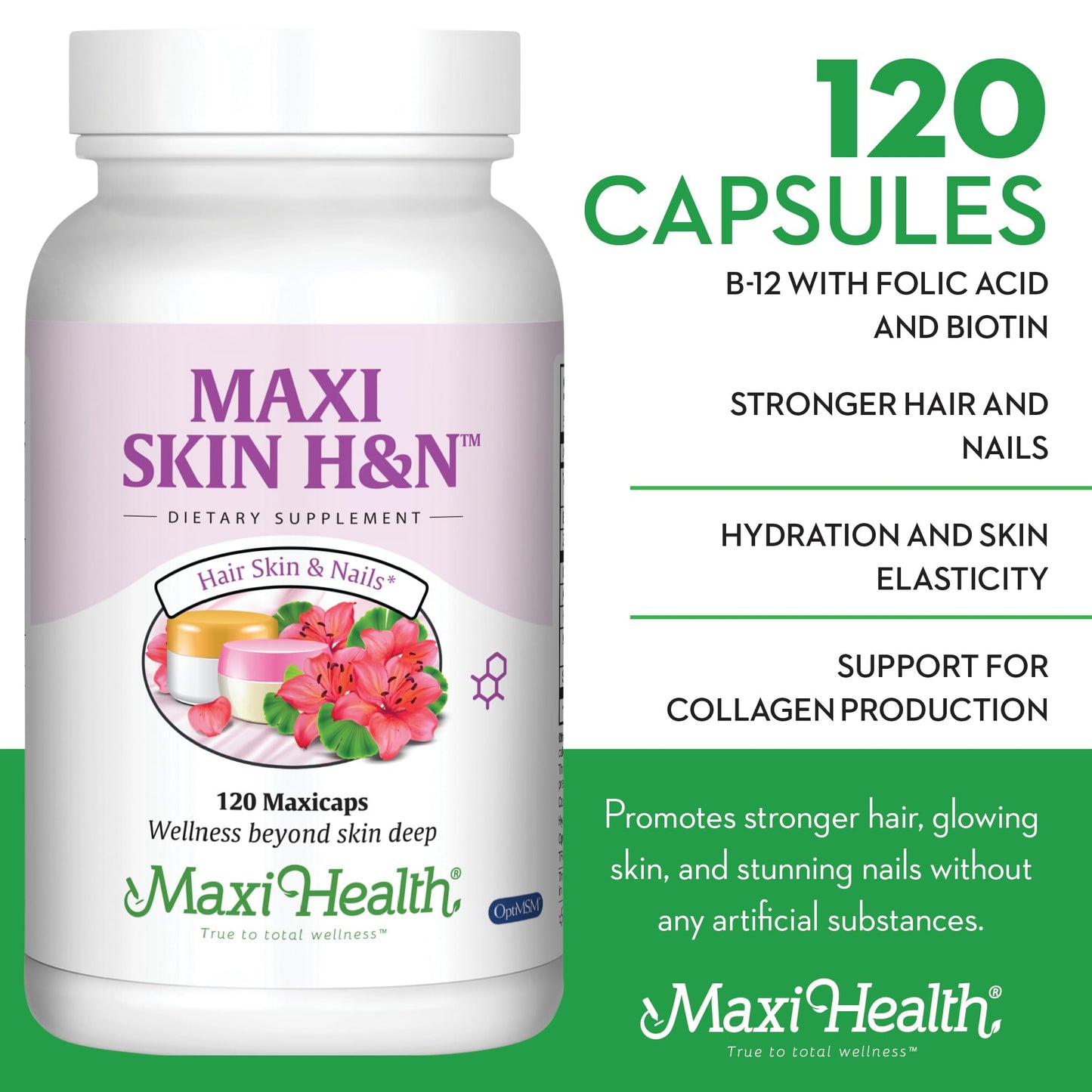 Maxi Health Hair Skin and Nails Vitamins for Women and Men with Hyaluronic Acid, Biotin, Vitamin A, Probiotics Capsules 60