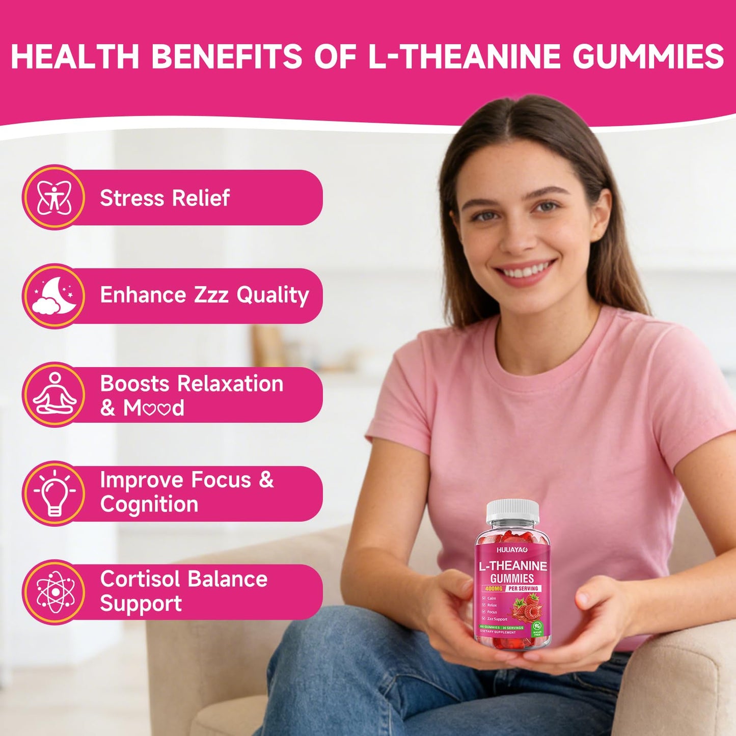 HUUAYAO L-Theanine Gummies 400mg with Ashwagandha, GABA, 5-HTP for Calm, Zzz & Relaxation Support, Raspberry Flavor, 120 Gummies