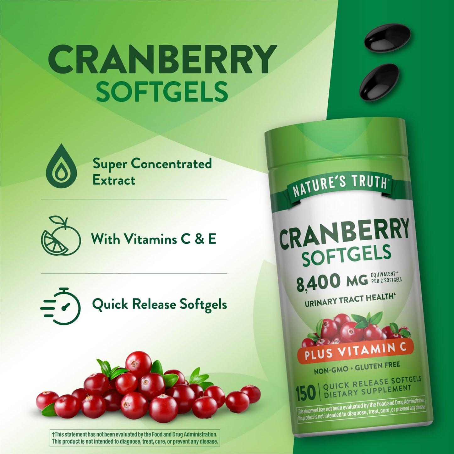Nature's Truth Cranberry Pills with Vitamin C Softgels, 150 Count