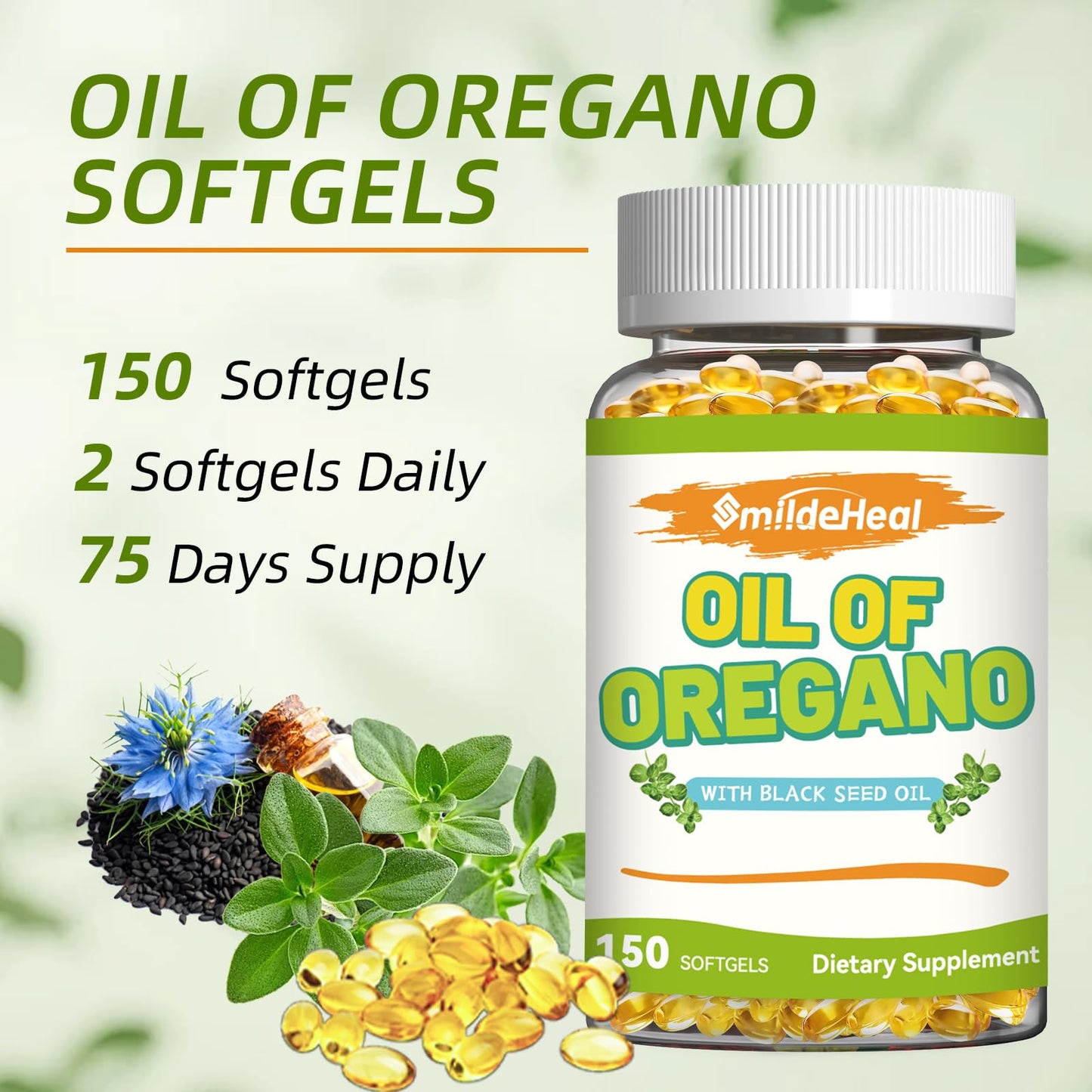 SmildeHeal Oregano Oil with Black Seed Oil Softgels, 150 Softgels