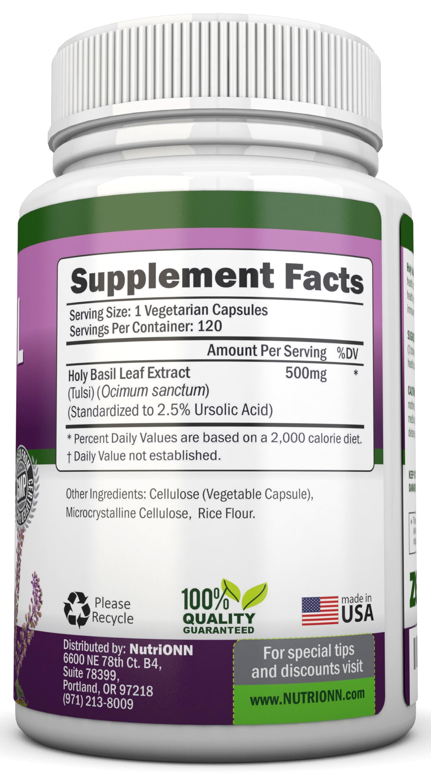 NutriONN Holy Basil Leaf 500mg Capsules 120 Count