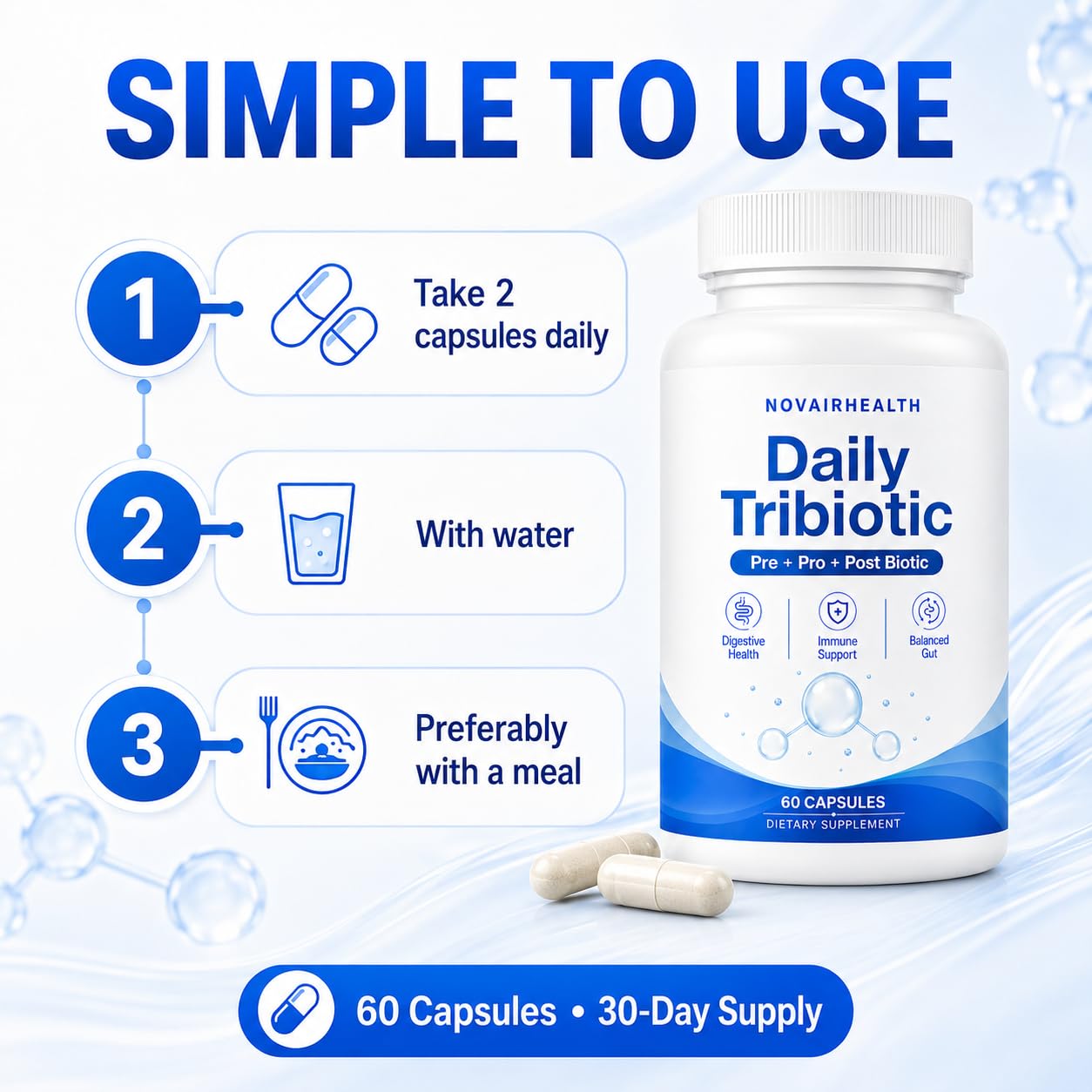 Minnah Daily Tribiotic Probiotic Prebiotic Postbiotic Gut Health Supplement for Men & Women, Support Your Gut & Energy Naturally, 60 Capsules