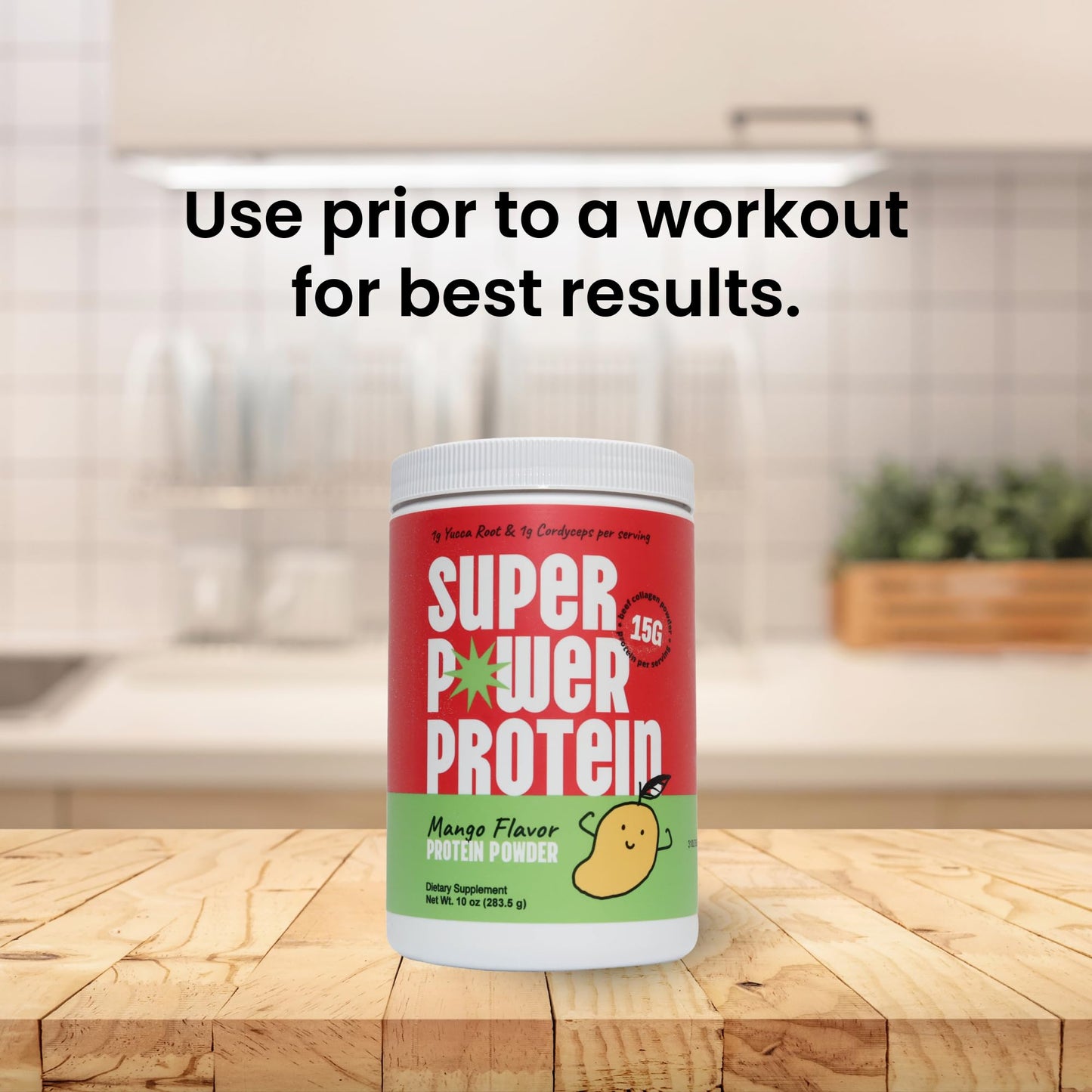 SUPER POWER PROTEIN Hydrolyzed Beef Collagen Peptides Powder with Cordyceps & Yucca Root Mango Flavor, 10 oz