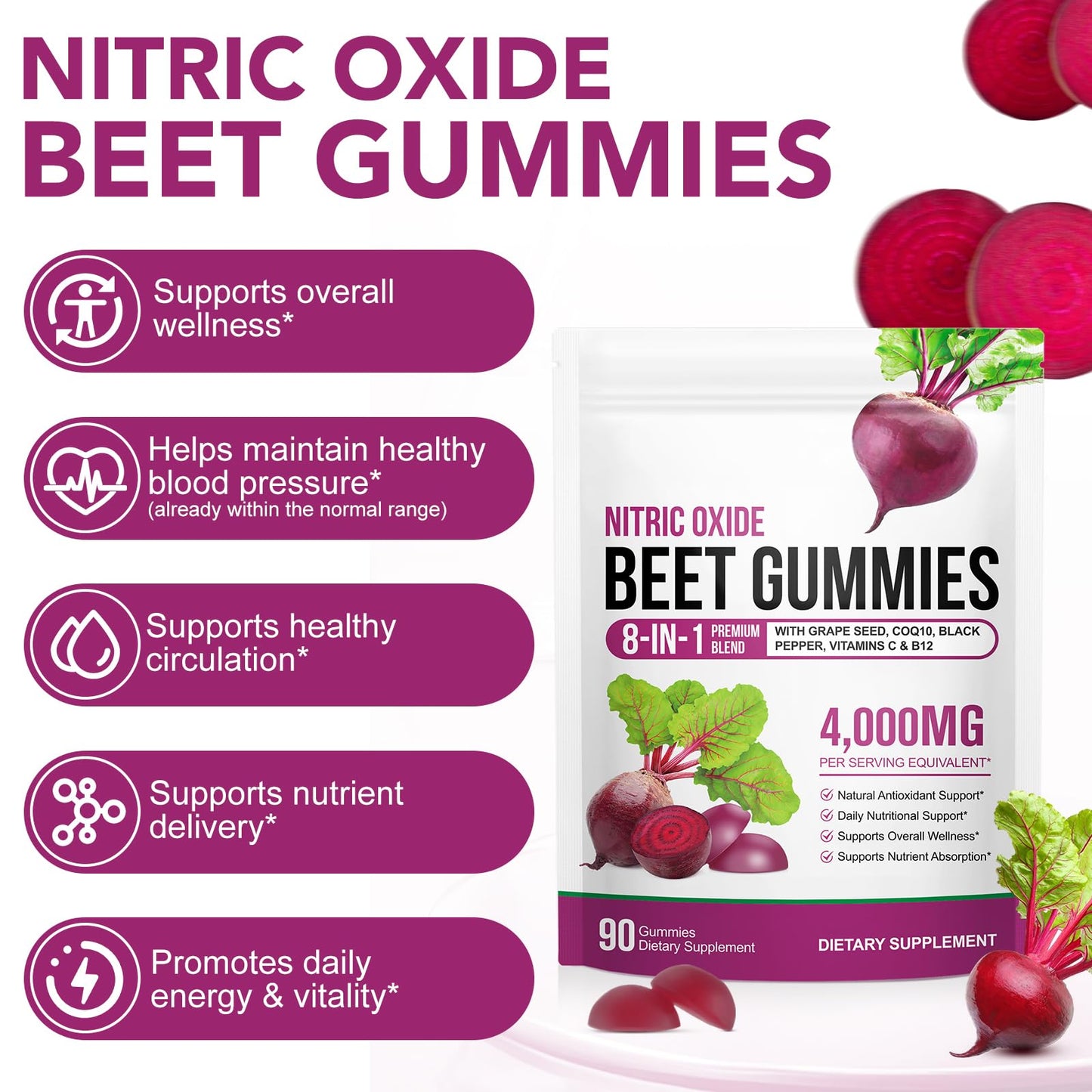 Tooffi Beet Root Gummies with Pomegranate, Vitamins C & B12, L-Arginine & L-Citrulline, Grapeseed Extract, Circulation & Heart Health Support, Vegan, Non-GMO, 90 Count