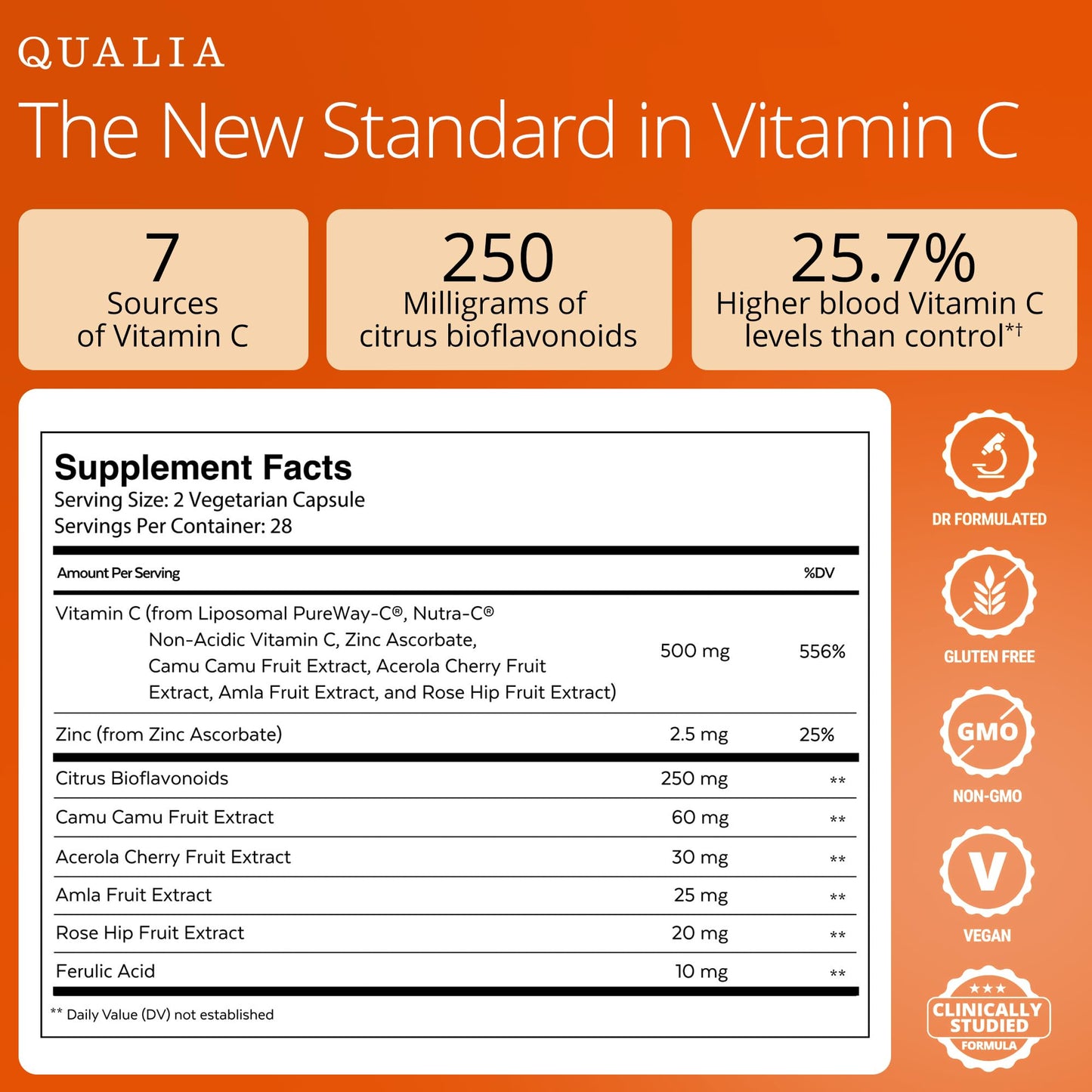 Qualia Life Sciences Vitamin C+ 500 mg Capsules, 112 Capsules