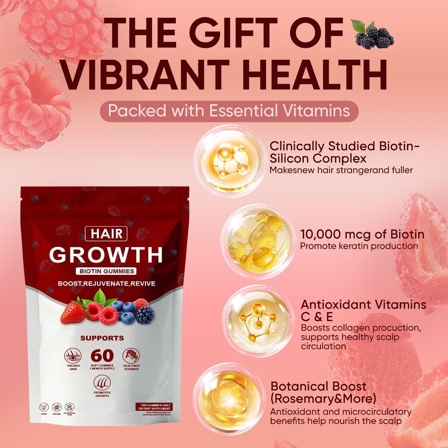 Neonomicon Hair Growth Gummies with Biotin, Vitamin C & E, Rosemary, Saw Palmetto – Supports Healthy Hair Growth & Strength, Skin & Nail Care – Mixed Berry Flavor, 60 Gummies