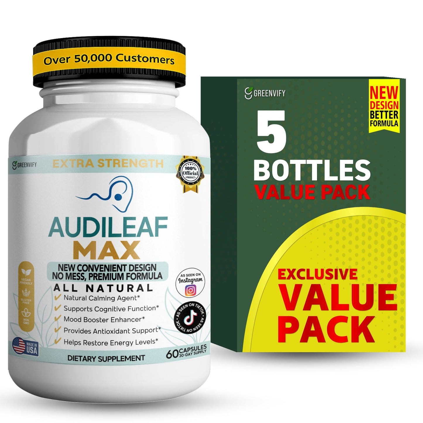 GREENVIFY Audileaf MAX All Natural Dietary Supplement with Ginkgo and Red Asian Ginseng, 60 Capsules