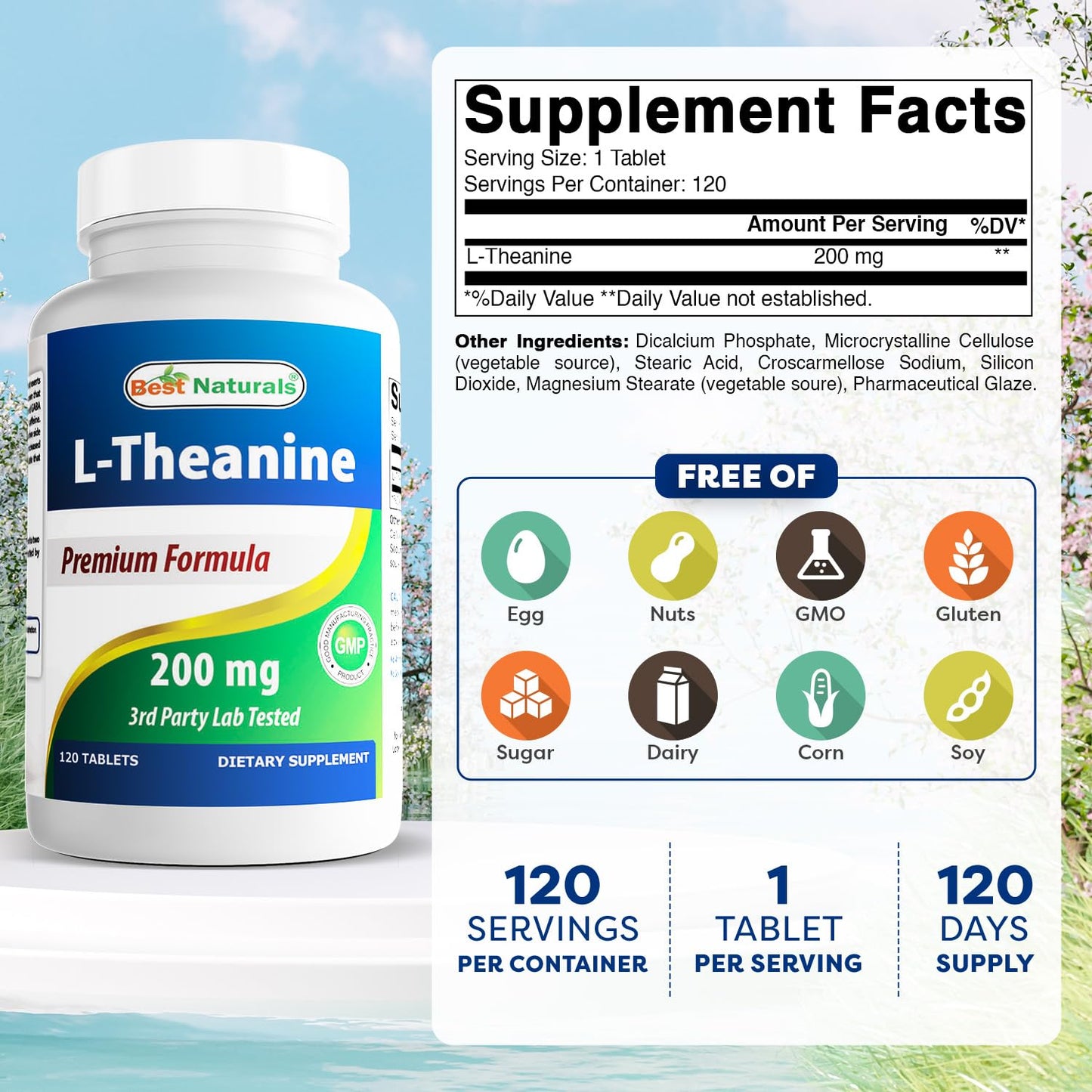 Best Naturals L-Theanine 200mg per Tablet (400mg per 2 Tablets) - Promotes Relaxation Without Drowsiness - 120 Vegetarian Tablets