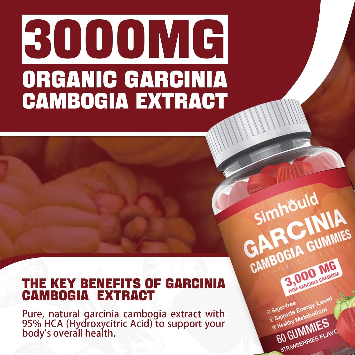Simhould Garcinia Cambogia Gummies, 120 Count, Sugar Free, 3000mg 95% HCA with L-Carnitine, Strawberry Flavor