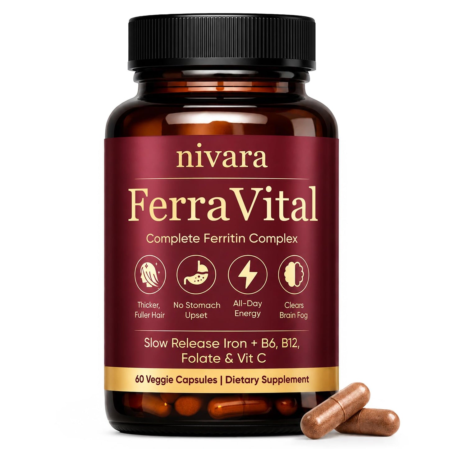 DXWXH Nivara Ferravital Ferritin Supplement for Women, Promotes Healthy Hair Growth, Boosts Energy, and Replenishes Ferritin with Ferrous Glycinate, Vitamin C, B6 & B12, 60 Capsules