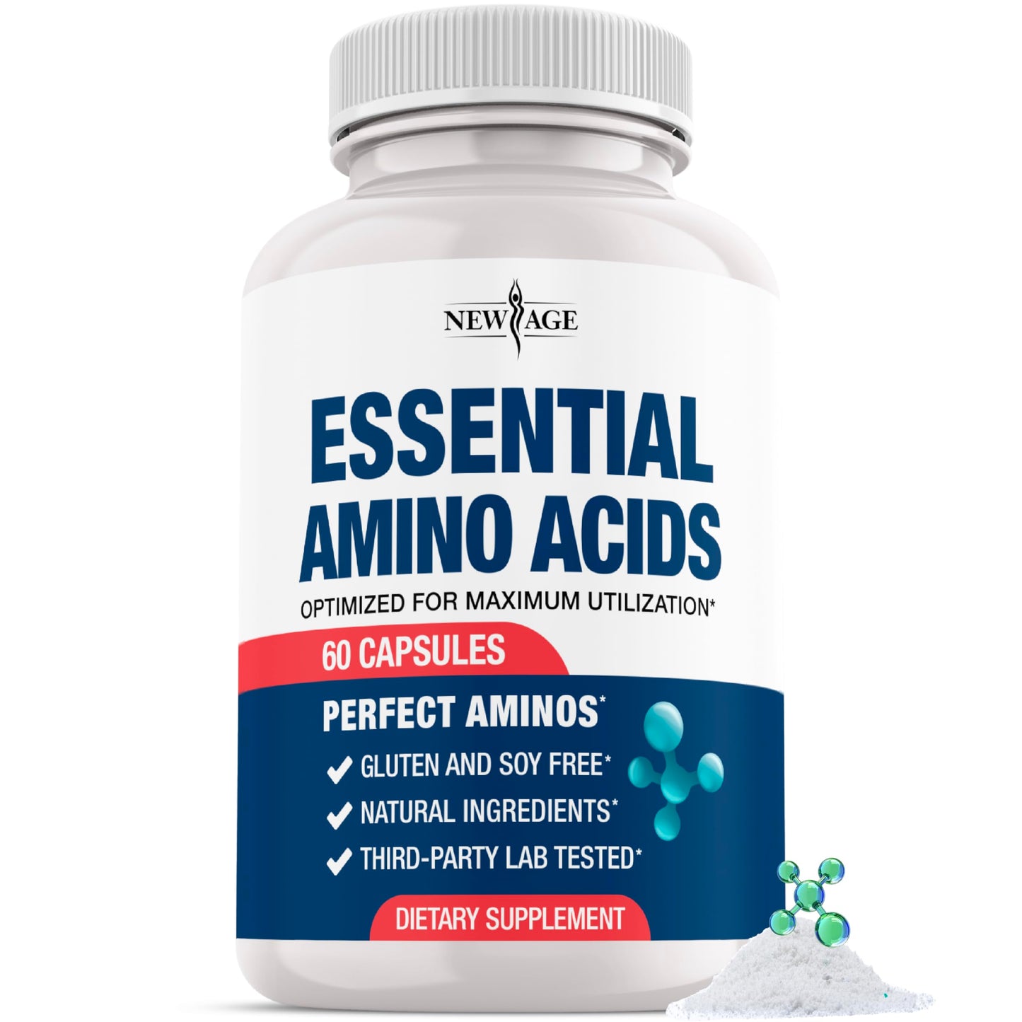 NEW AGE Amino Acid Complex - 20 Aminos with BCAAs, L-Glutamine, L-Arginine & Hyaluronic Acid, 60 Capsules