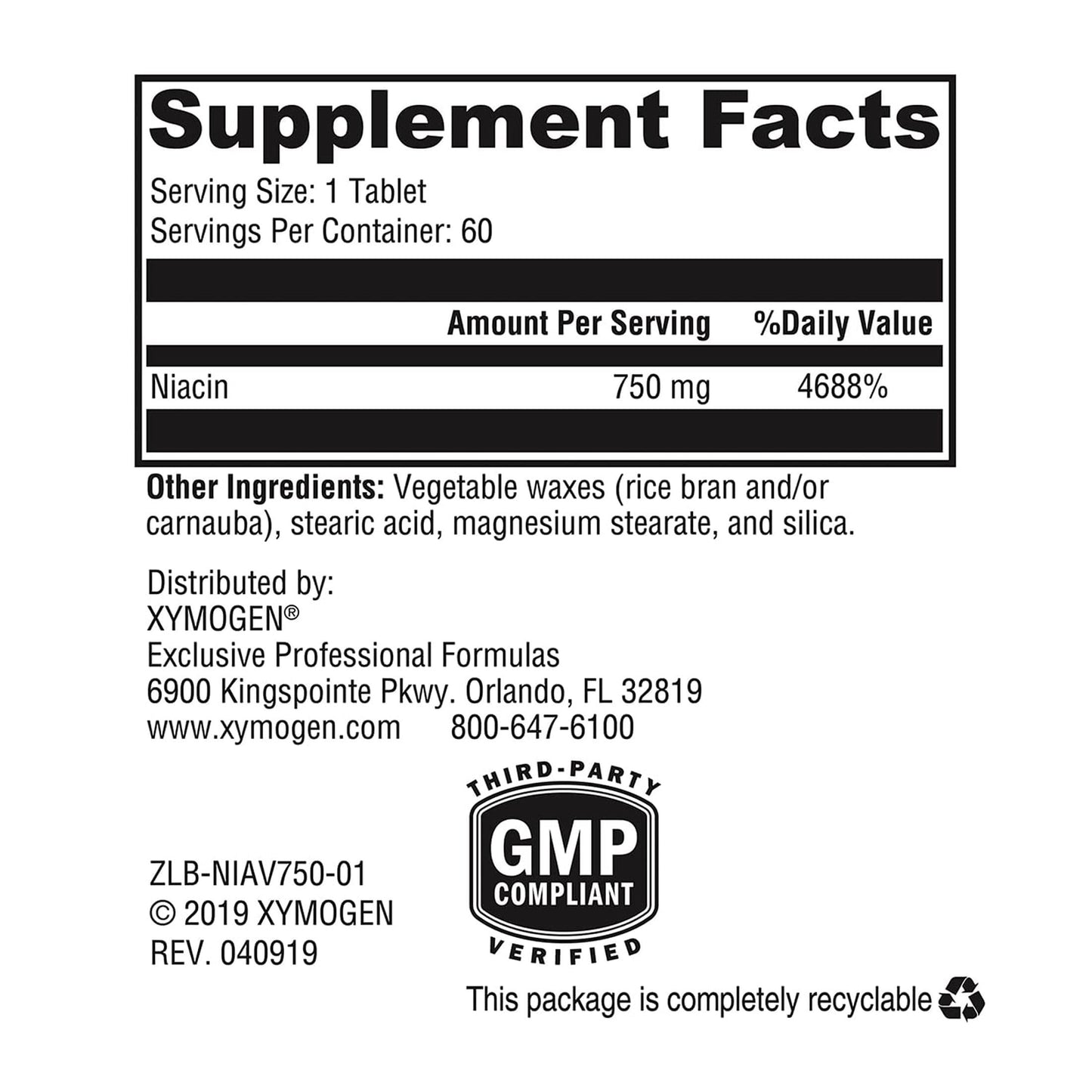 XYMOGEN NiaVasc Sustained-Release Niacin 750 mg Capsules, 60 Count