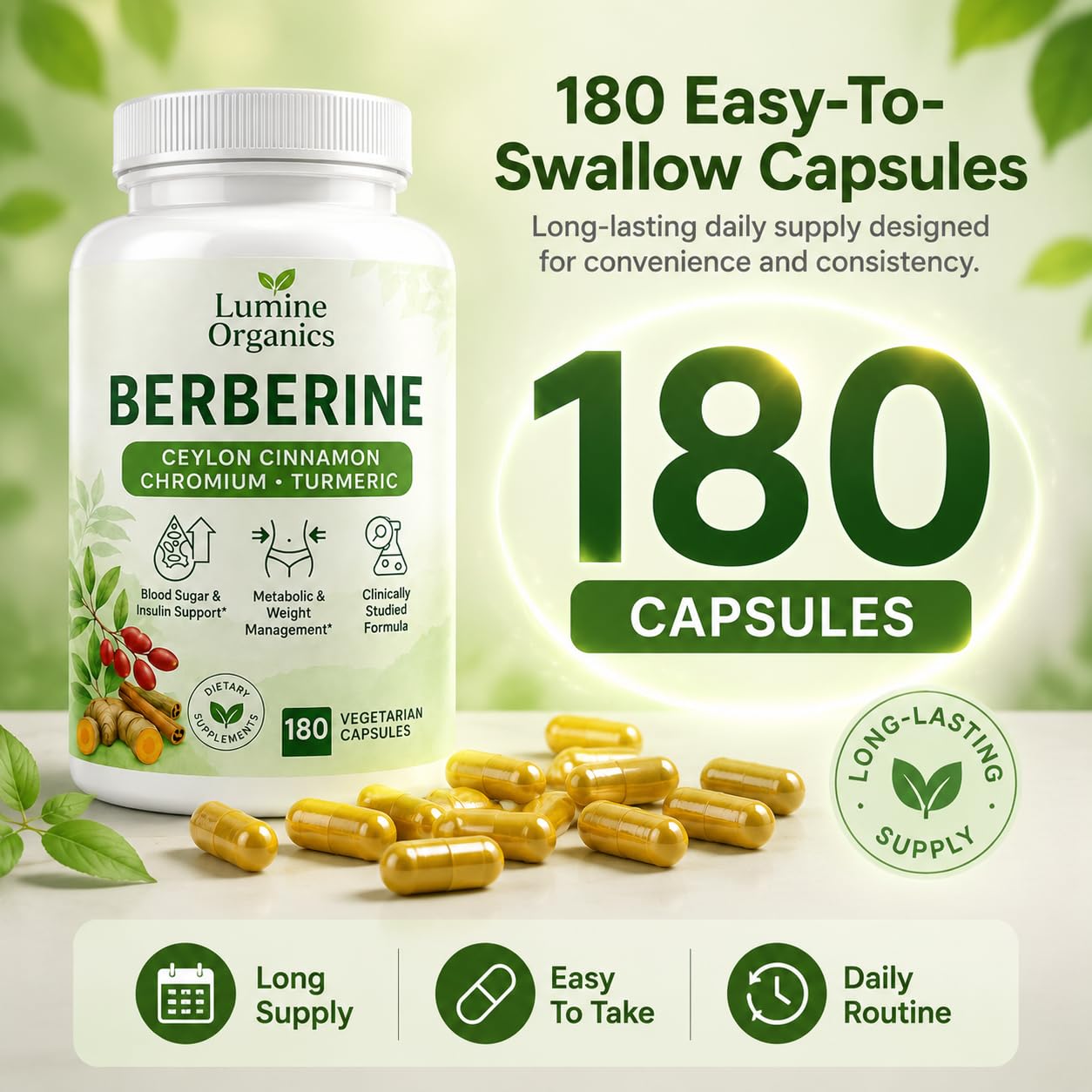 Lumine Organics Berberine Berberine Complex 4-in-1 with Ceylon Cinnamon & Turmeric - Everyday Metabolic Support & Nutrient Utilization, Softgels, 180