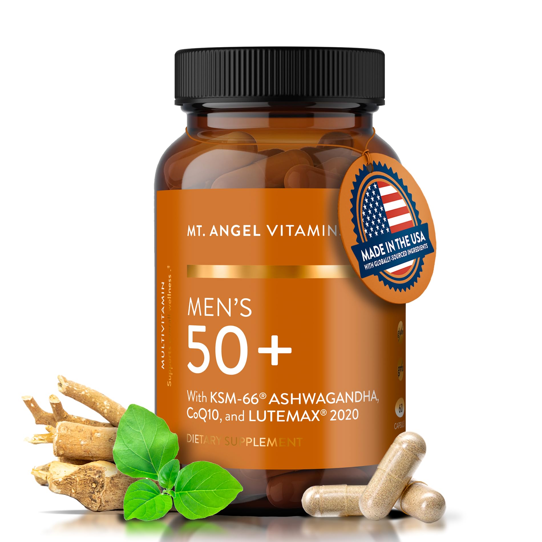 Mt. Angel Vitamins Daily Mens Multivitamin 50+ Adult Formula with Iron, Calcium, KSM-66 Ashwaganda, and a Potent Proprietary Herbal Blend of The Best Mens Vitamins Capsules 60 Count