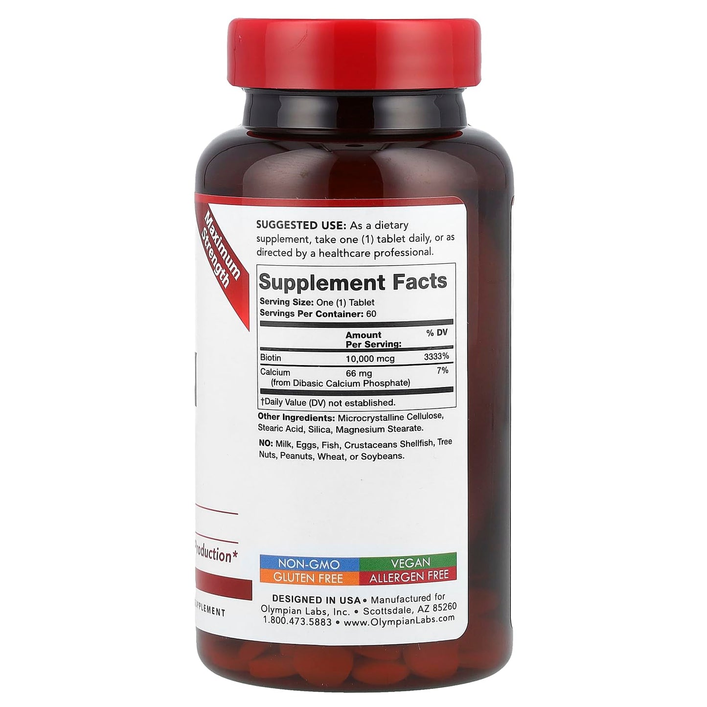 Olympian Labs Biotin Vitamin B7 Supplement, Max Strength 10,000mcg Tablets, 60 Count