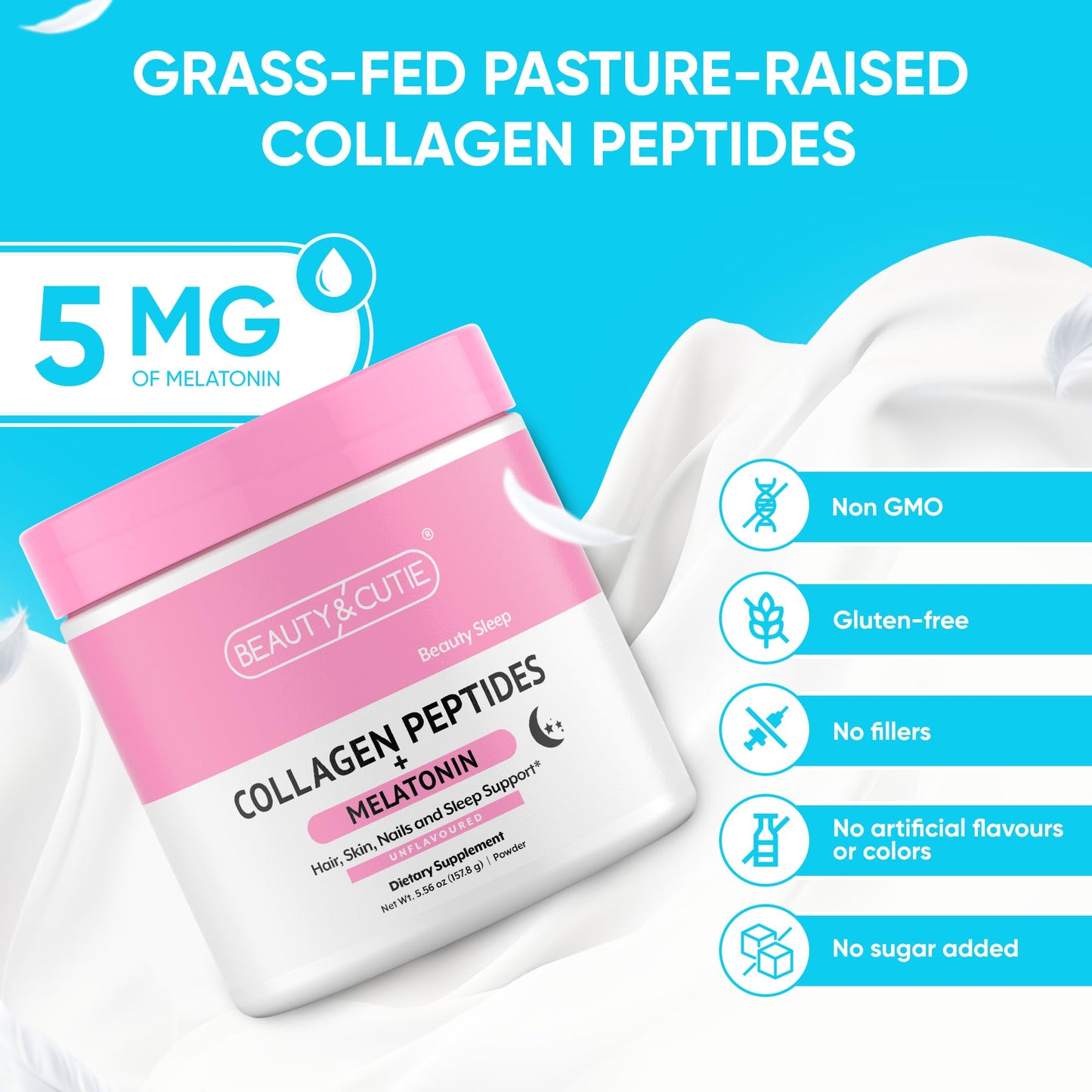 BEAUTY AND CUTIE Melatonin 5 mg with Collagen Peptides Powder, 5.56 oz