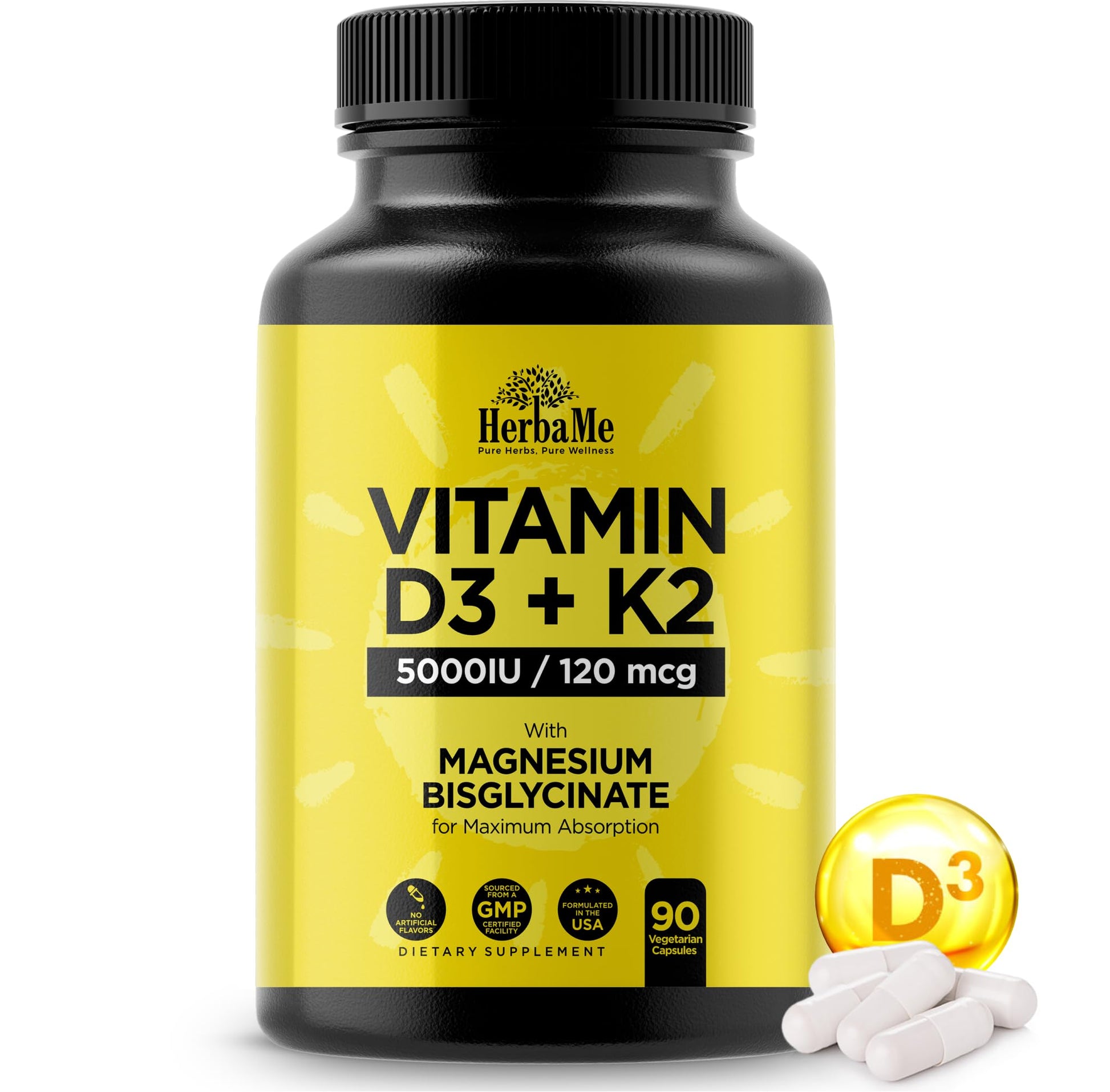 HerbaMe Vitamin D3 5000 IU + K2 with Magnesium Bisglycinate Capsule, 90 Capsules