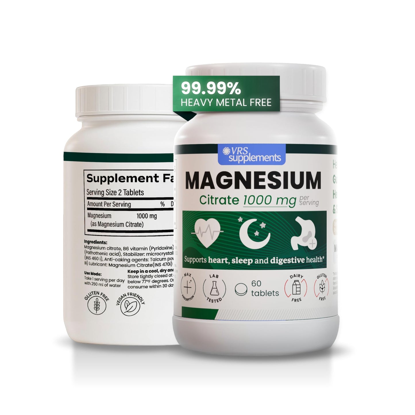 VRS SUPLEMENTS Magnesium Citrate 1000mg Tablets, 60 Tablets