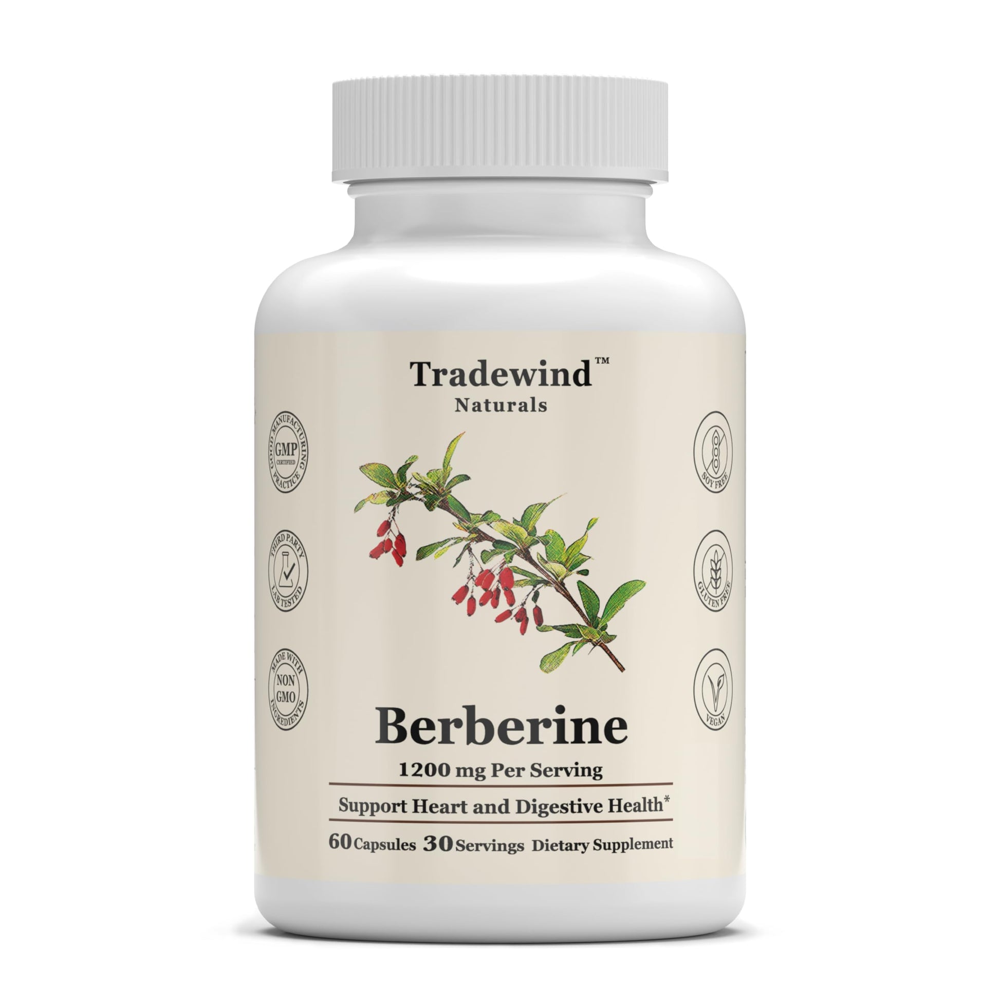 Tradewind Naturals Berberine HCl 1200mg Capsules, 60 Count