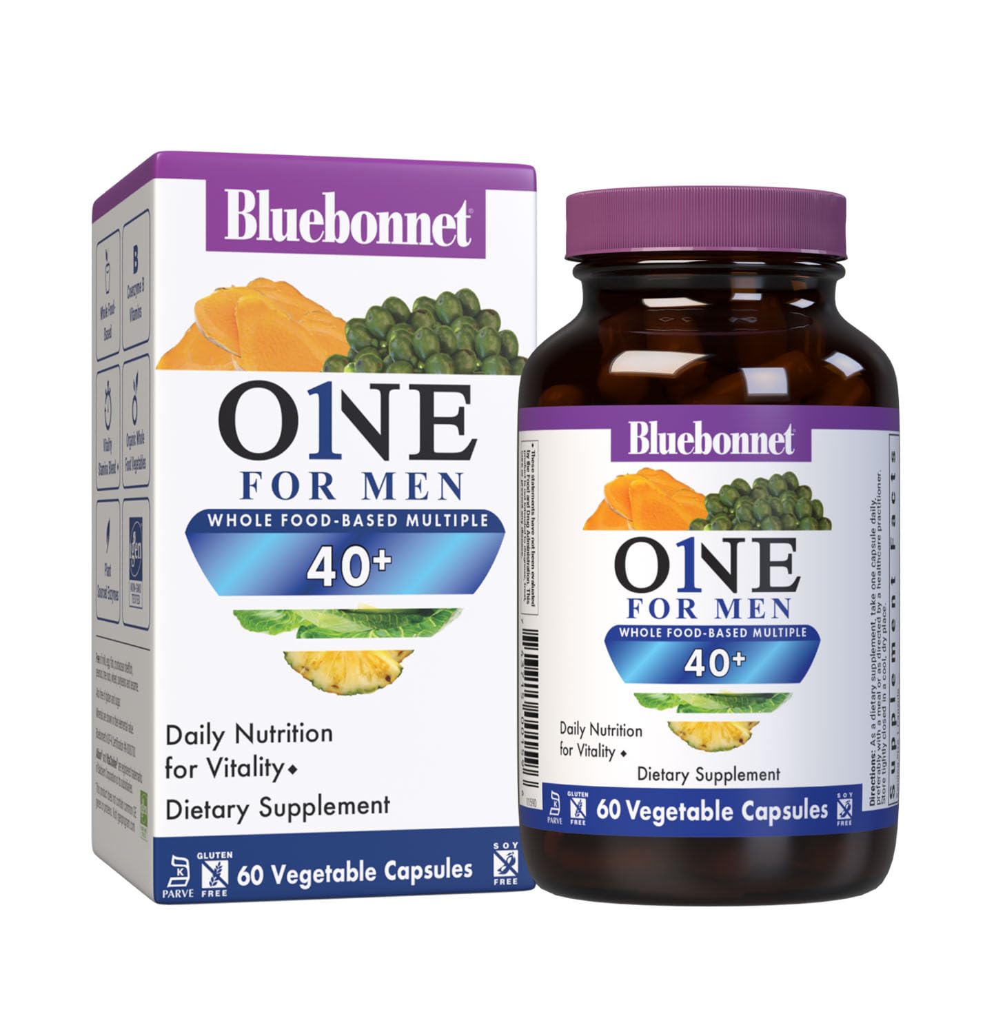 BlueBonnet Mens' ONE 40+ Whole Food-Based Multiple, Men Multivitamin for Men 40+ Capsule, 60 Count