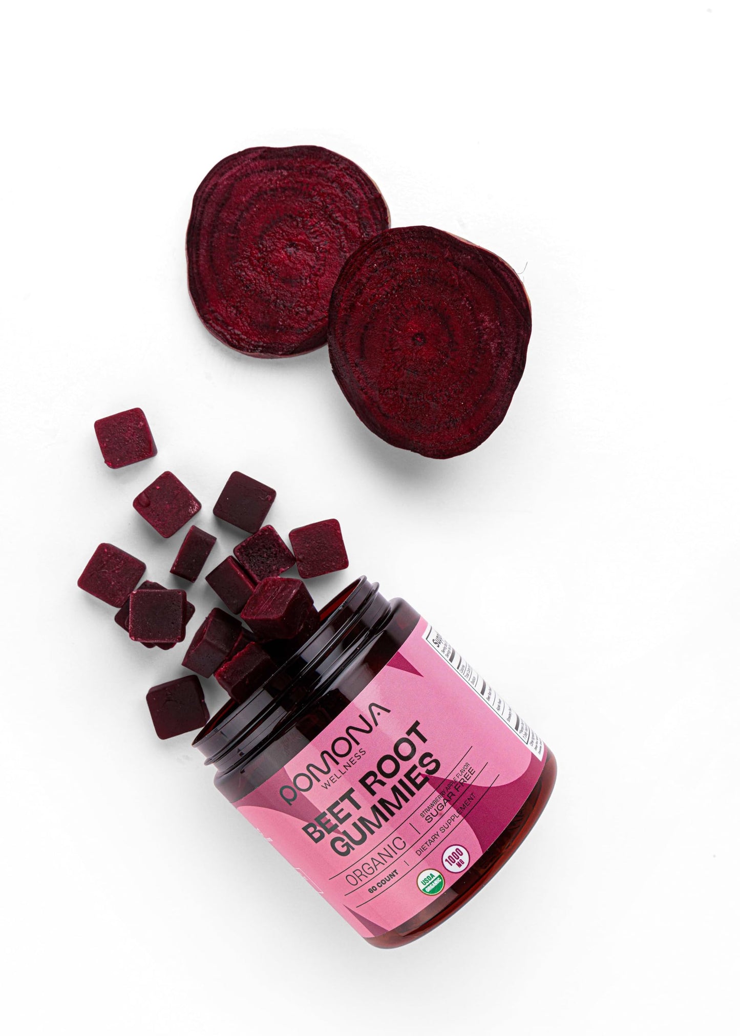 Pomona Wellness Beetroot Powder Gummies 1000mg, Sugar Free Nitric Oxide Supplement, Natural Strawberry and Apple Flavor, Vegan, 60 Count