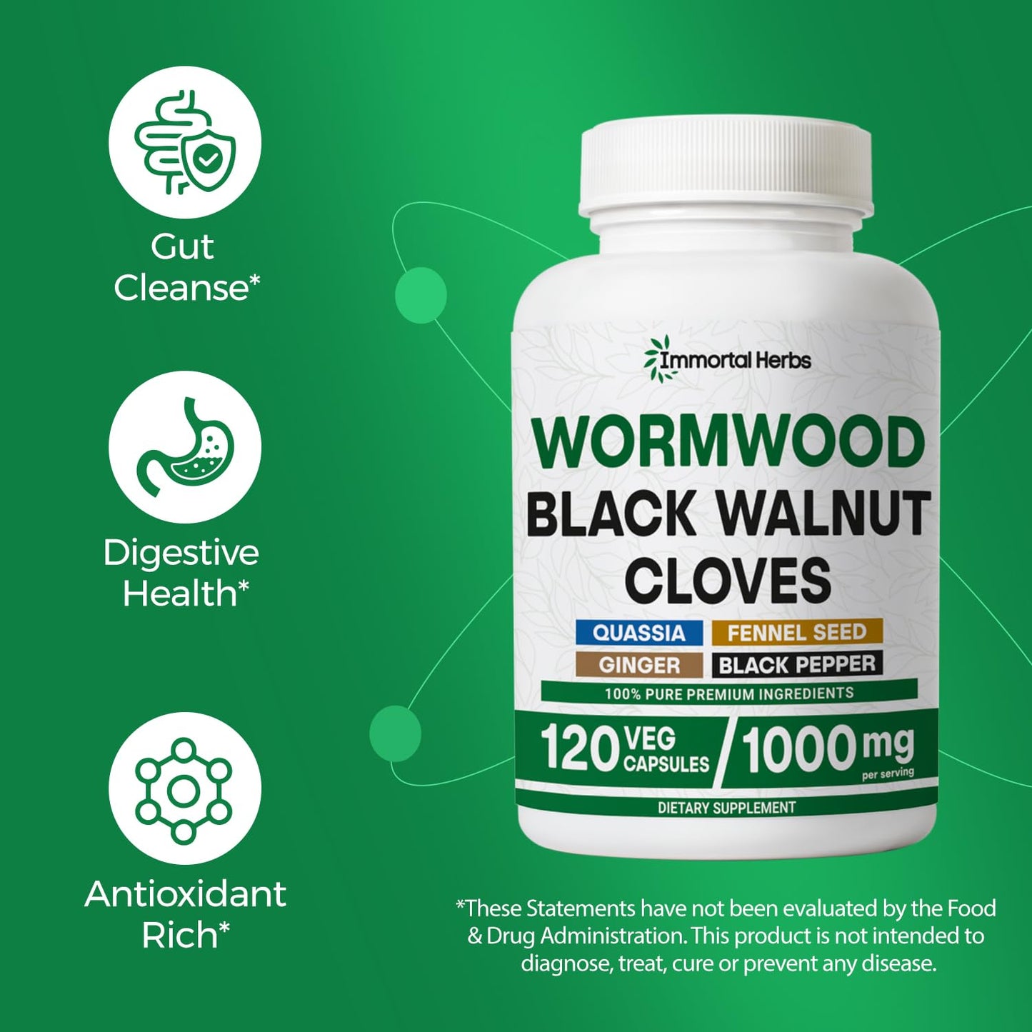 Immortal Herbs Wormwood Black Walnut Clove Cleanse Extract 7-in-1 Complex Capsules, 120 Count