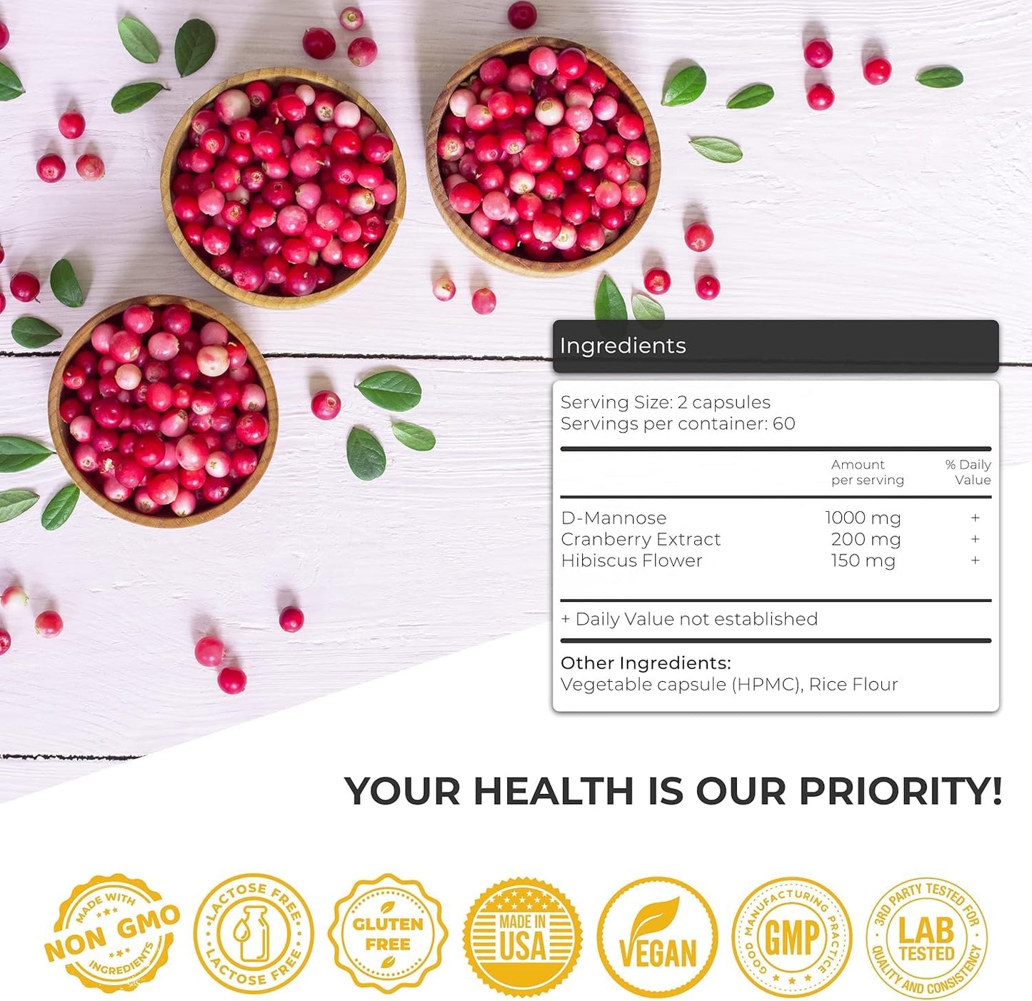 Tucano Bads D-Mannose 1000mg Capsules with Cranberry and Hibiscus for Urinary Tract Support, 1 Count