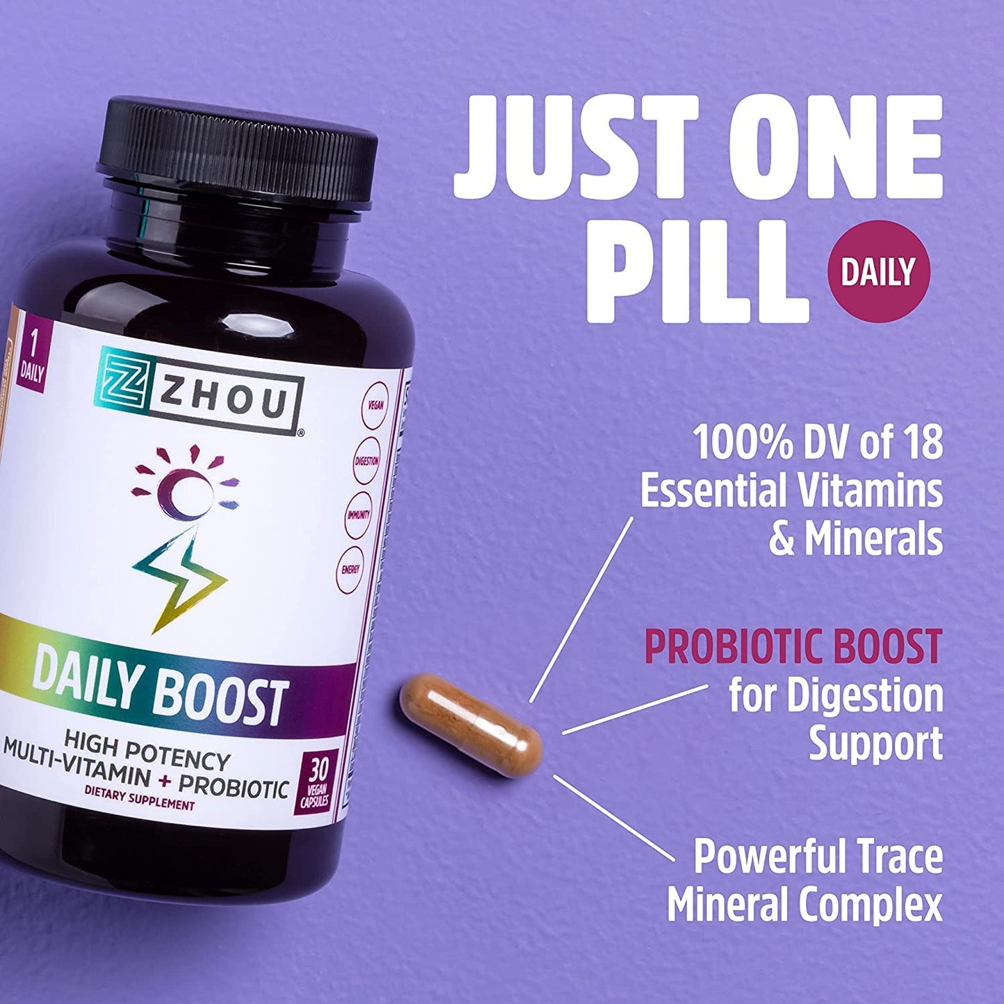 ZHOU Daily Boost Multivitamin with Probiotic, Zinc, Vitamin C, D3, B Complex Capsules, 60 Count