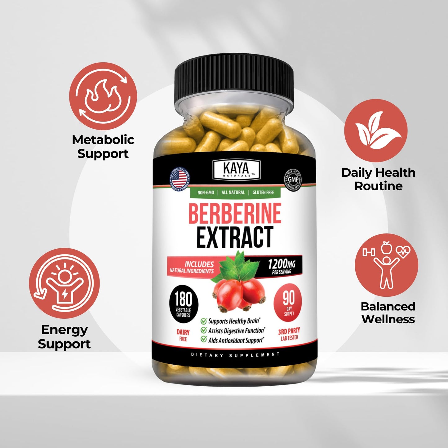 Kaya Naturals Berberine HCL Extract 1200mg Capsule, 180 Count
