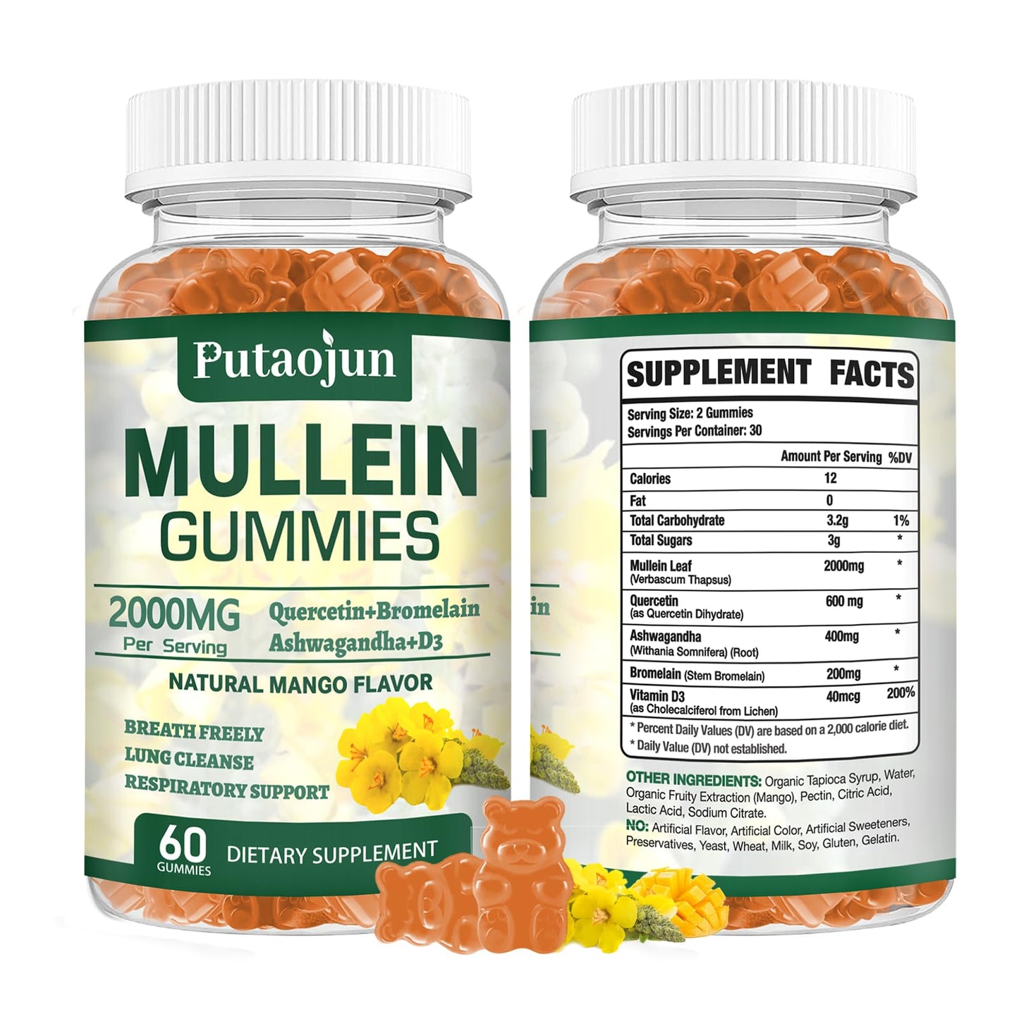Putaojun Organic Mullein Gummies for Lungs, 2000mg Mullein Leaf Extract with Quercetin & Bromelain, Mango Flavor, Sugar-Free, Vegan, 60 Count