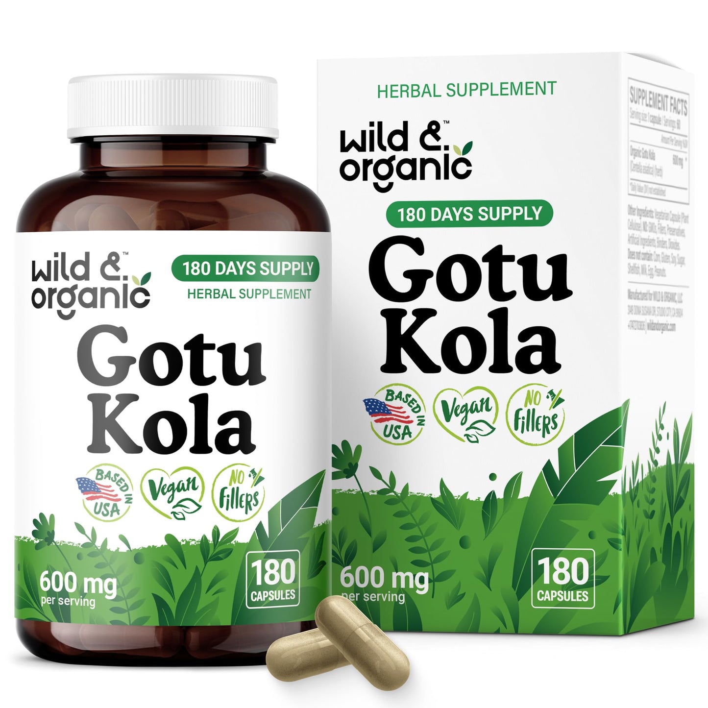 Wild & Organic Gotu Kola Capsules 600 mg - Brain Support - 180 Count