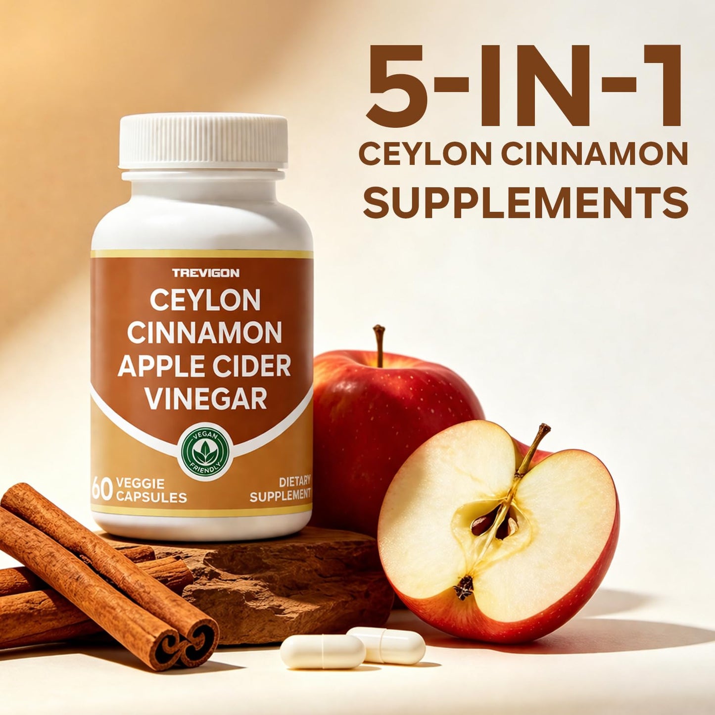 Generic Ceylon Cinnamon Capsules 2355mg, Apple Cider Vinegar with Turmeric Panax Ginseng Cinnamon Supplements, 60 Count
