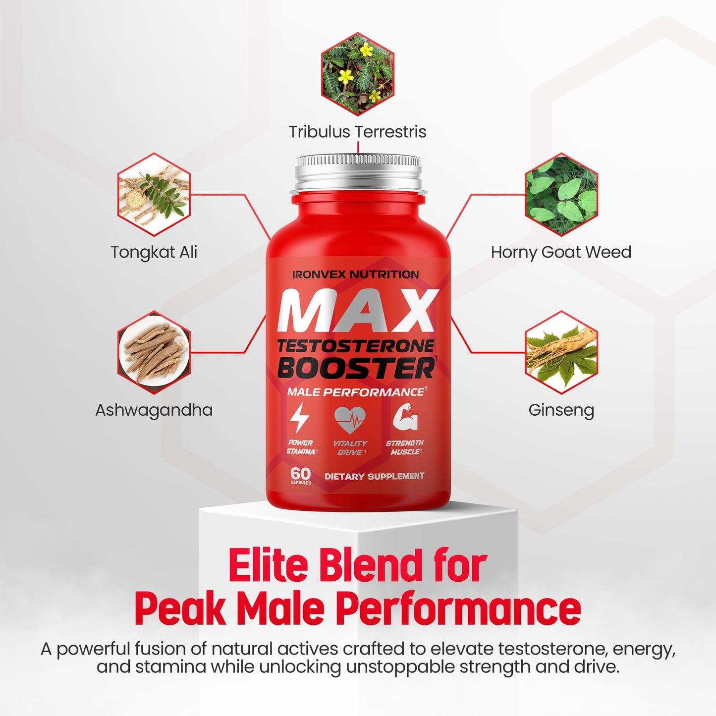 IronVex Nutrition Testosterone Booster for Men - Male Enhancing Tongkat Ali & Ashwagandha, 60 Capsules