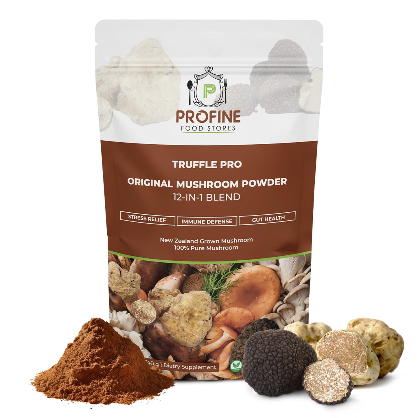 Profine Food Stores Truffle PRO Mushroom Powder 12-in-1 Super Blend with Black Truffle and White Truffle - USDA Organic - Powder, 12 oz