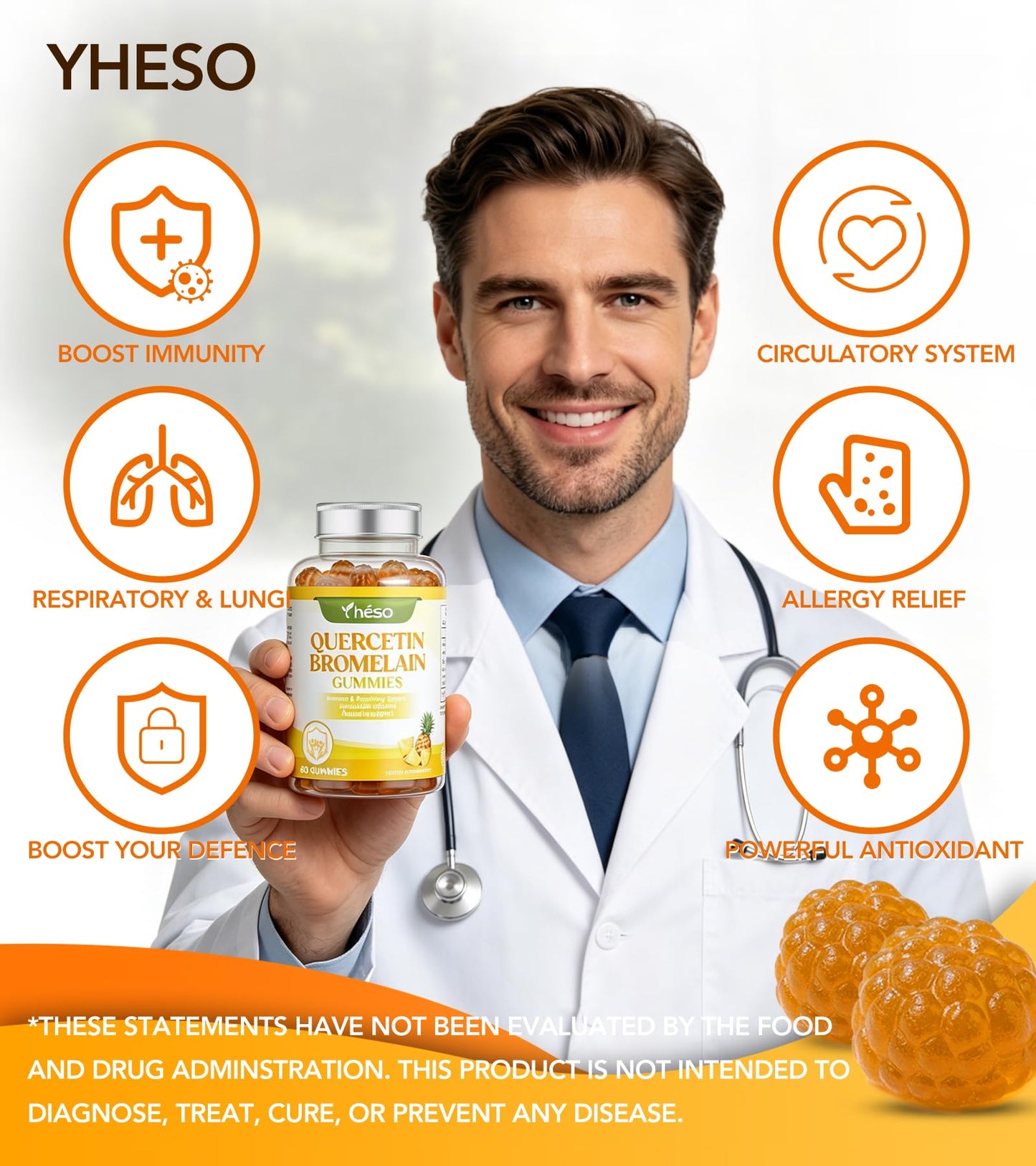 Yheso Quercetin 500mg with Bromelain, Vitamin C, D3 & Zinc – Sugar Free Immune Support – Antioxidant Complex with Pineapple Enzyme, 60 Gummies