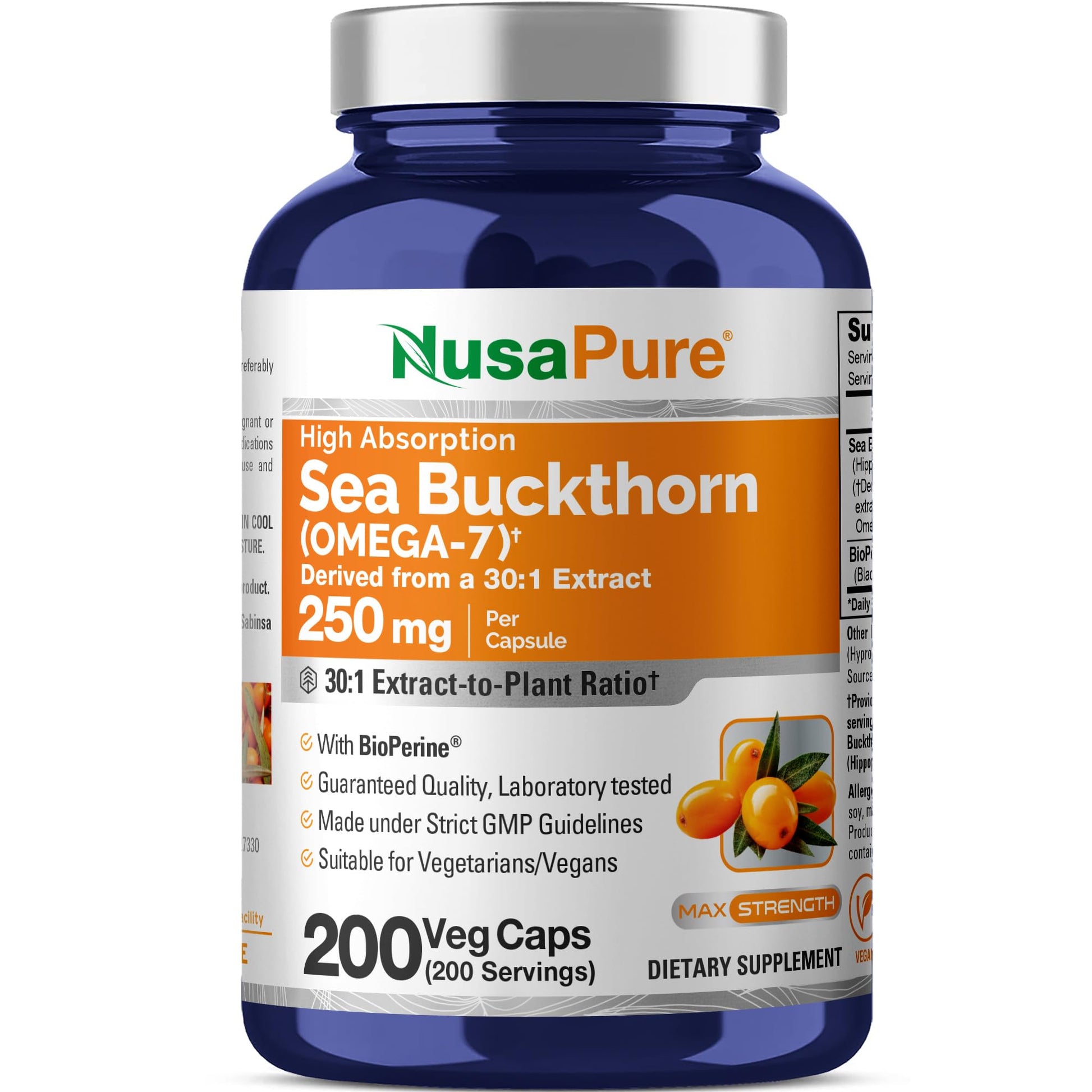 NusaPure Sea Buckthorn Omega-7 250 mg Veg Capsules, 200 Count