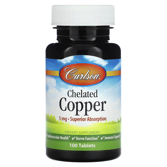 Carlson Chelated Copper 5 mg Superior Absorption, Cardiovascular Health, Nerve Function & Immune Support, 100 Tablets