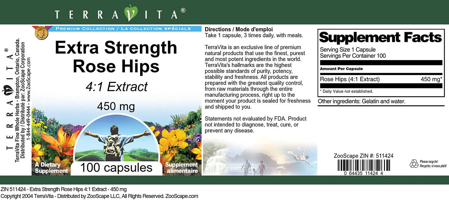 Terravita Extra Strength Rose Hips 4:1 Extract 450 mg Capsules, 300 Capsules