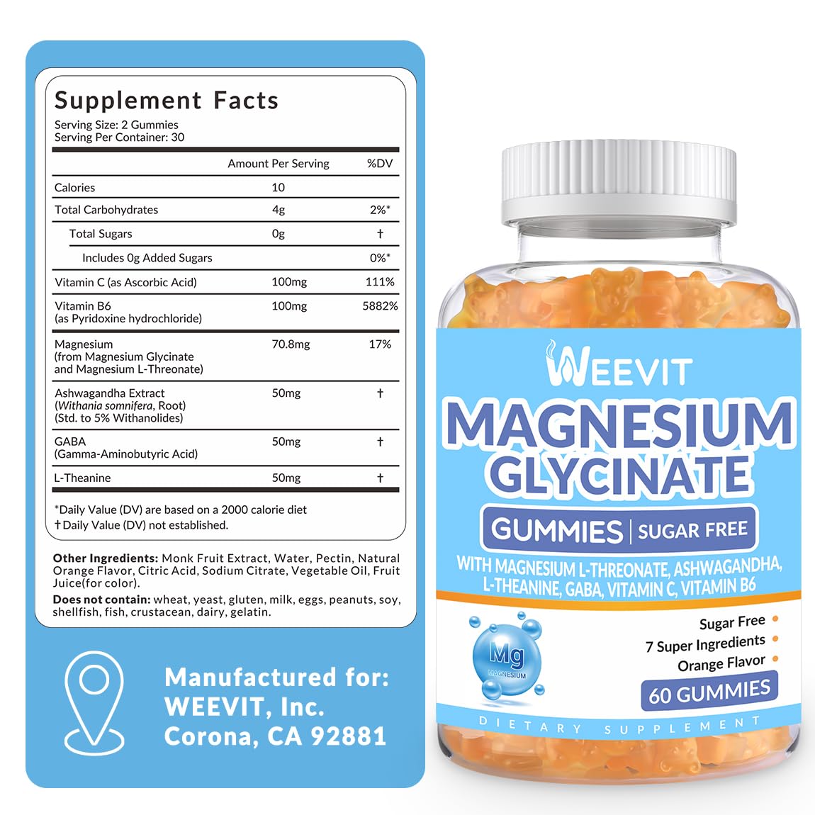 WEEVIT Magnesium Glycinate Gummies Sugar Free, 60 Count