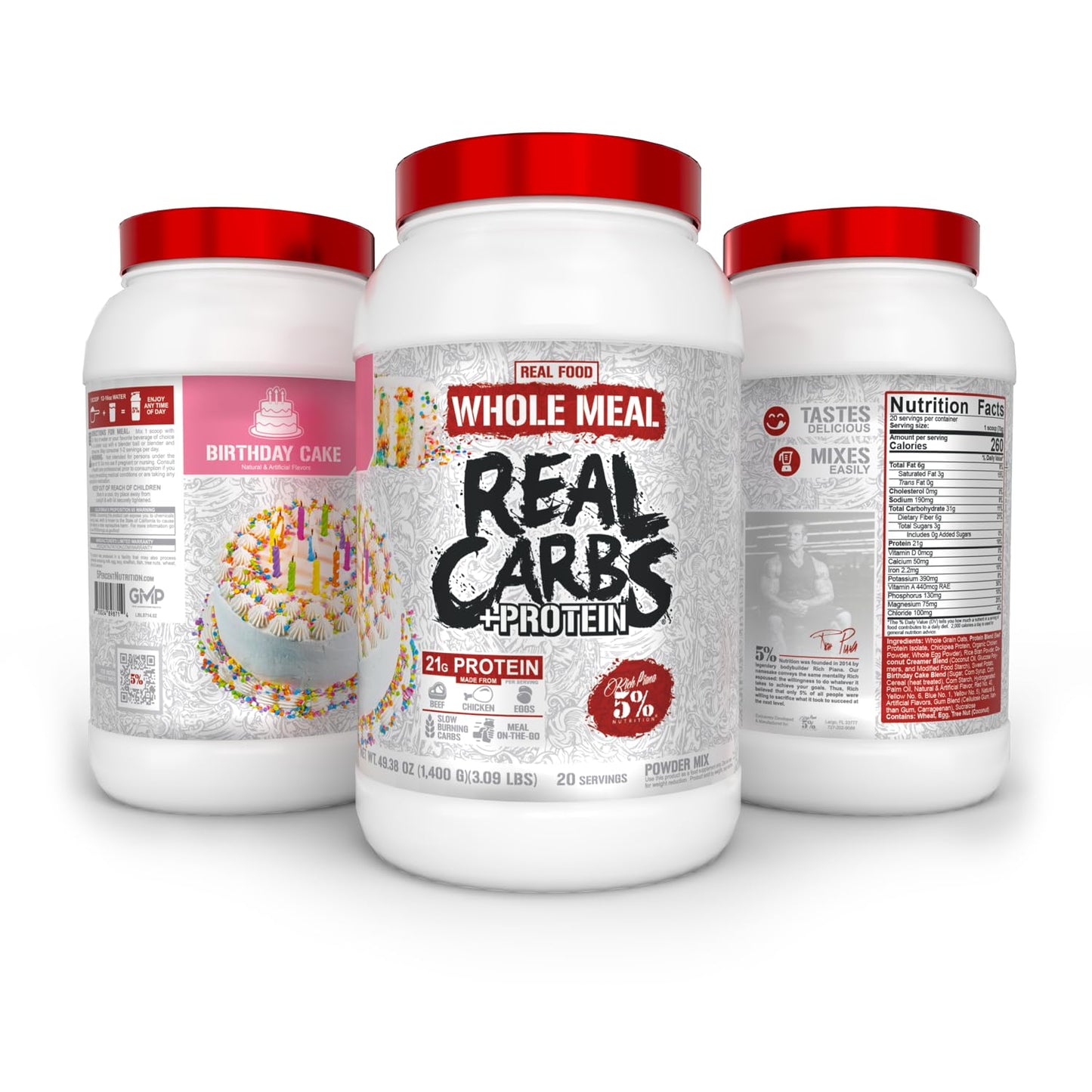 5% Nutrition Rich Piana Real Carbs + Protein Clean Mass Gainer Meal Replacement Protein Powder, Birthday Cake, 3 lb