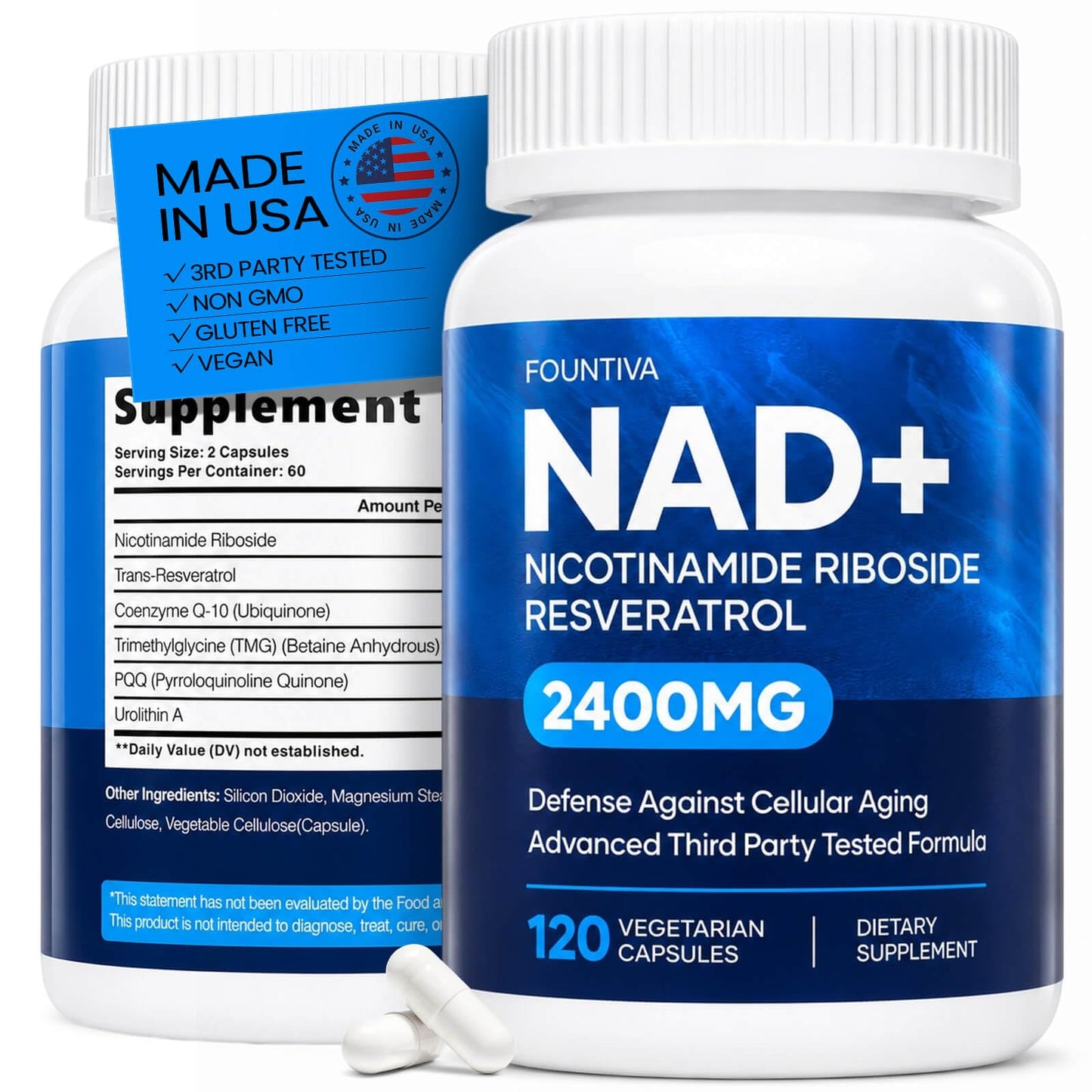 FOUNTIVA Liposomal NAD Supplement 2400mg NAD+ Nicotinamide Riboside with Resveratrol, CoQ10, TMG & PQQ Capsules, 120 Count