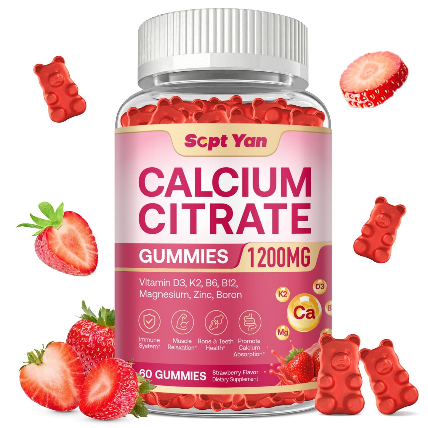 SEPT YAN Calcium Citrate Gummies 1200 mg with Vitamin D3, K2, Magnesium, Zinc, B6 & B12 for Bone, Muscle & Immune Support, Strawberry Flavor, 60 Gummies