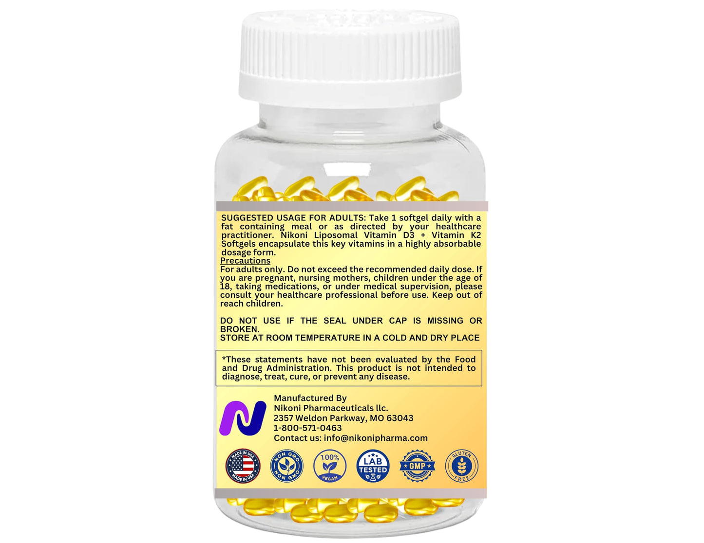 Nikoni Liposomal Vitamin D3 10000 IU & Vitamin K2 (MK-7) 250 mcg Softgels, 180 Count