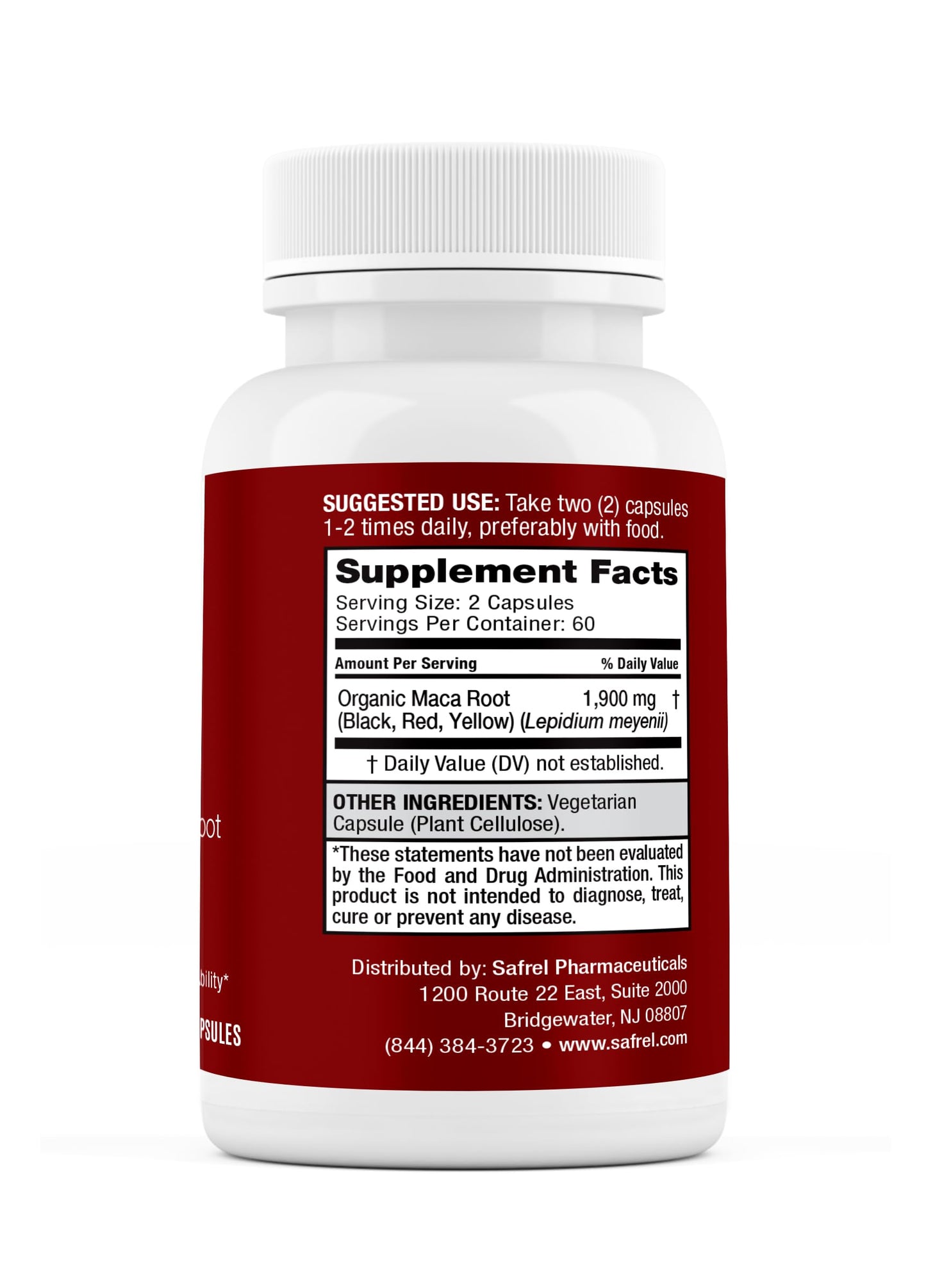 Safrel Organic Maca Root (Black, Red, Yellow) 1900 mg per Serving, Non-GMO, 120 Capsules
