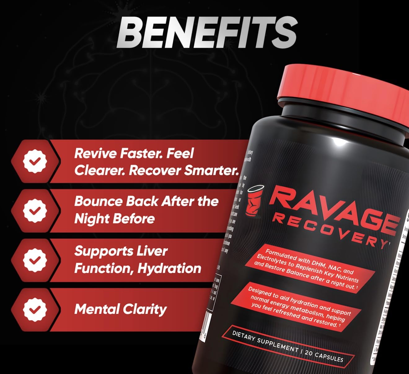 Ravage Recovery DHM Capsules with NAC, Milk Thistle & Prickly Pear – Electrolytes & B Vitamins for Hydration & After Night Out Wellness, 20 Capsules