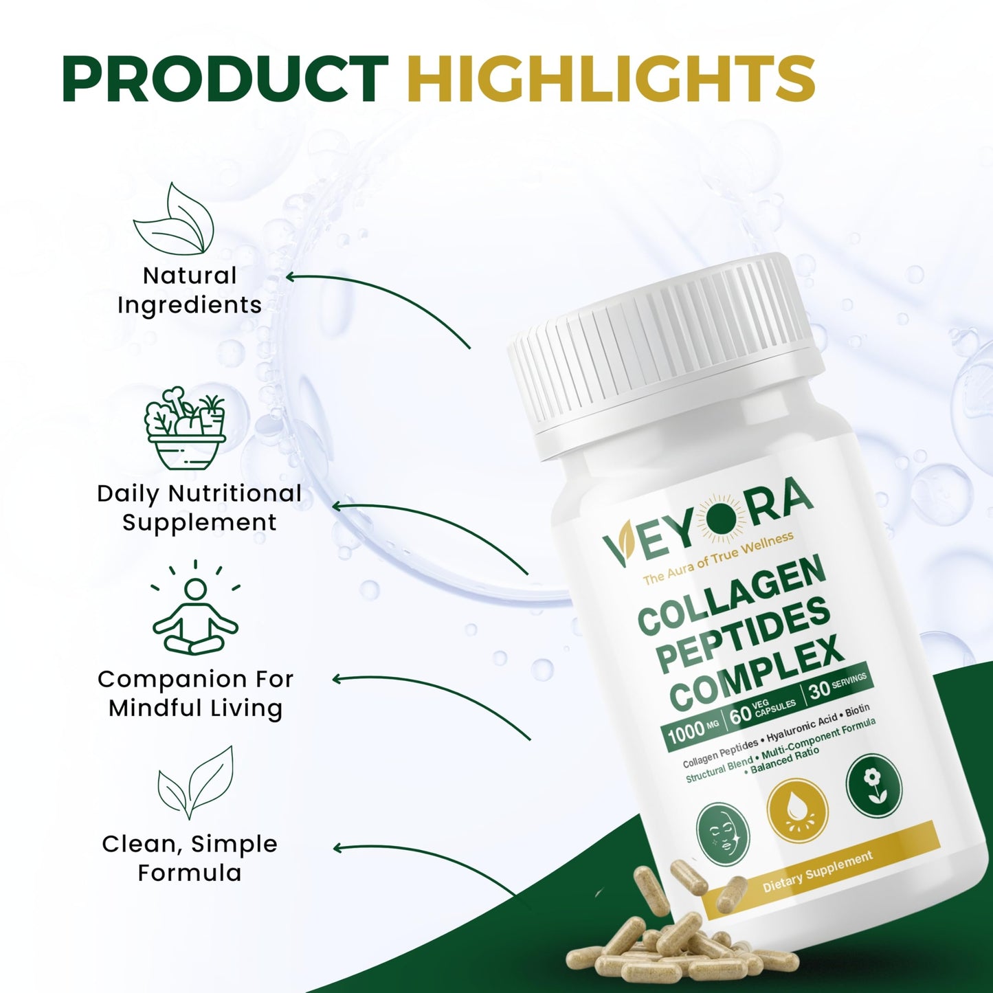 VEYORA Collagen Peptides Complex 1000 mg Capsules, 60 Count