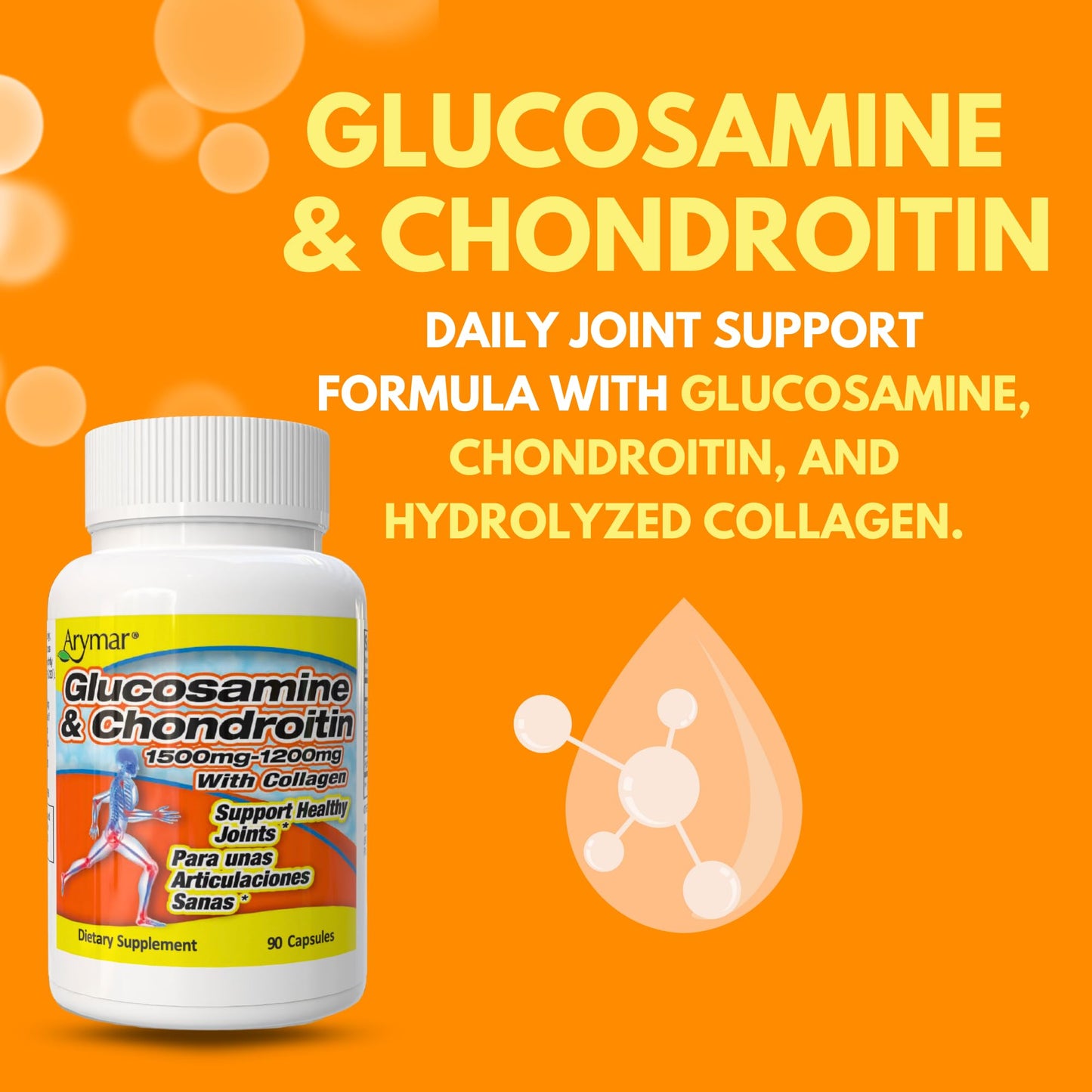 Arymar Glucosamine 1500 mg and Chondroitin 1200 mg with Collagen Joint Health Supplement 90 Capsules