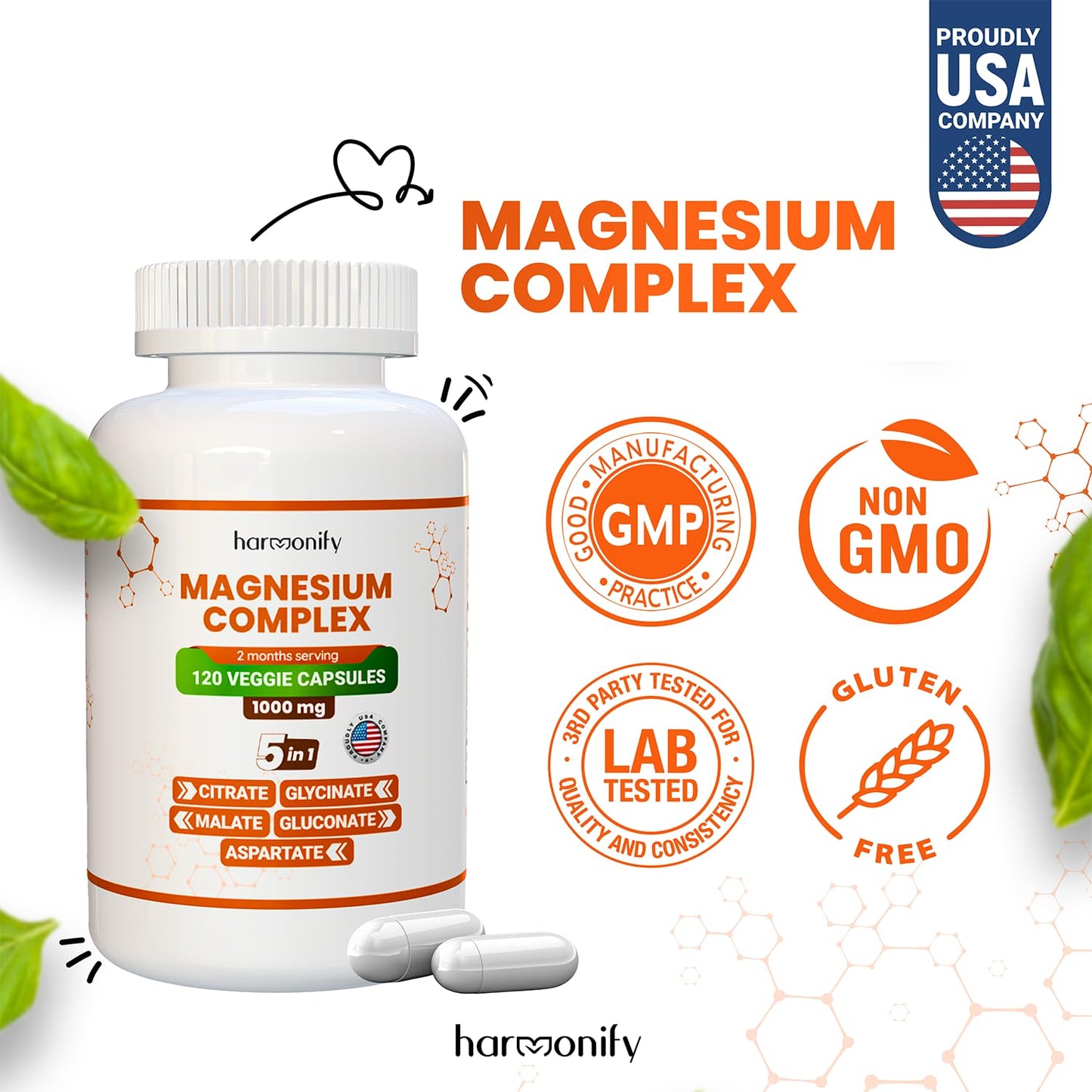 HARMONIFY Magnesium Glycinate Citrate Malate Aspartate Gluconate 5 in 1 Formula Capsule, 120 Count